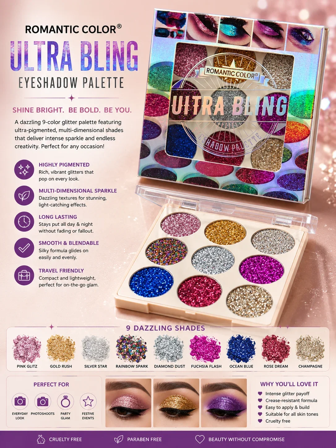 Romantic Color Ultra Bling Glitter Eyeshadow Palette
