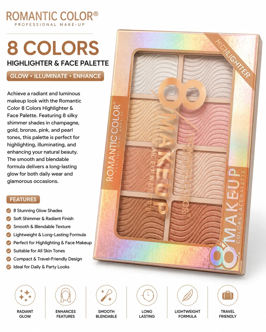 Romantic Color 8 Colors Highlighter & Face Palette – Glow Makeup Kit