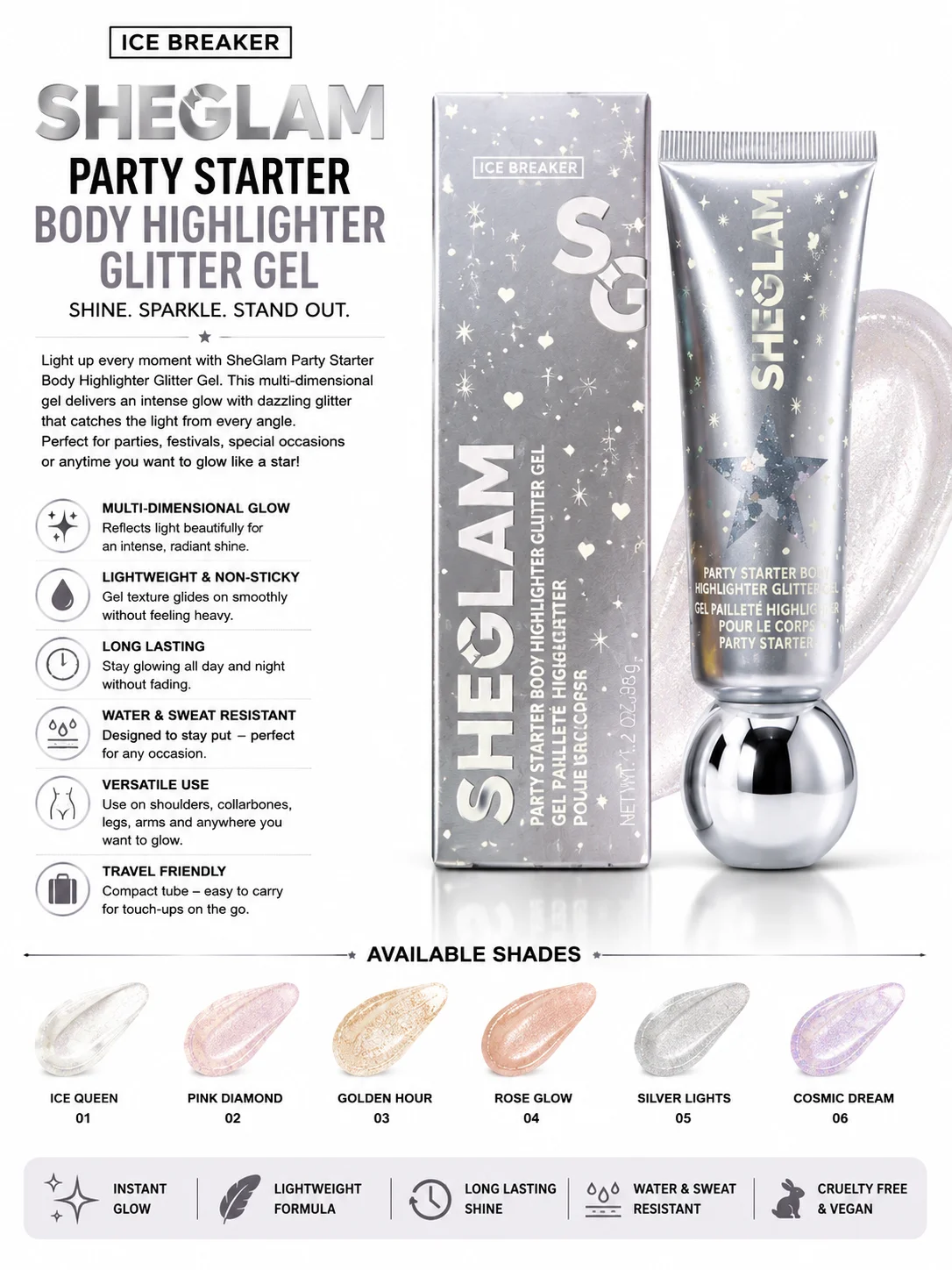 SheGlam Party Starter Body Highlighter Glitter Gel – Ice Breaker