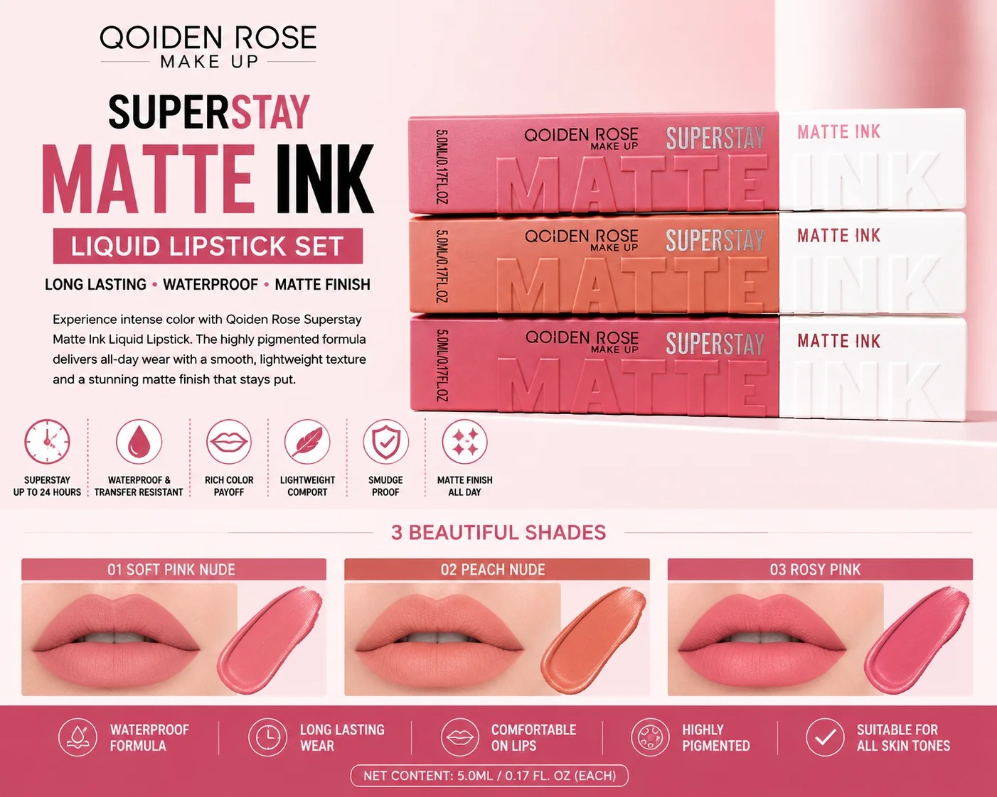 Qoiden Rose Superstay Matte Ink Liquid Lipstick Set