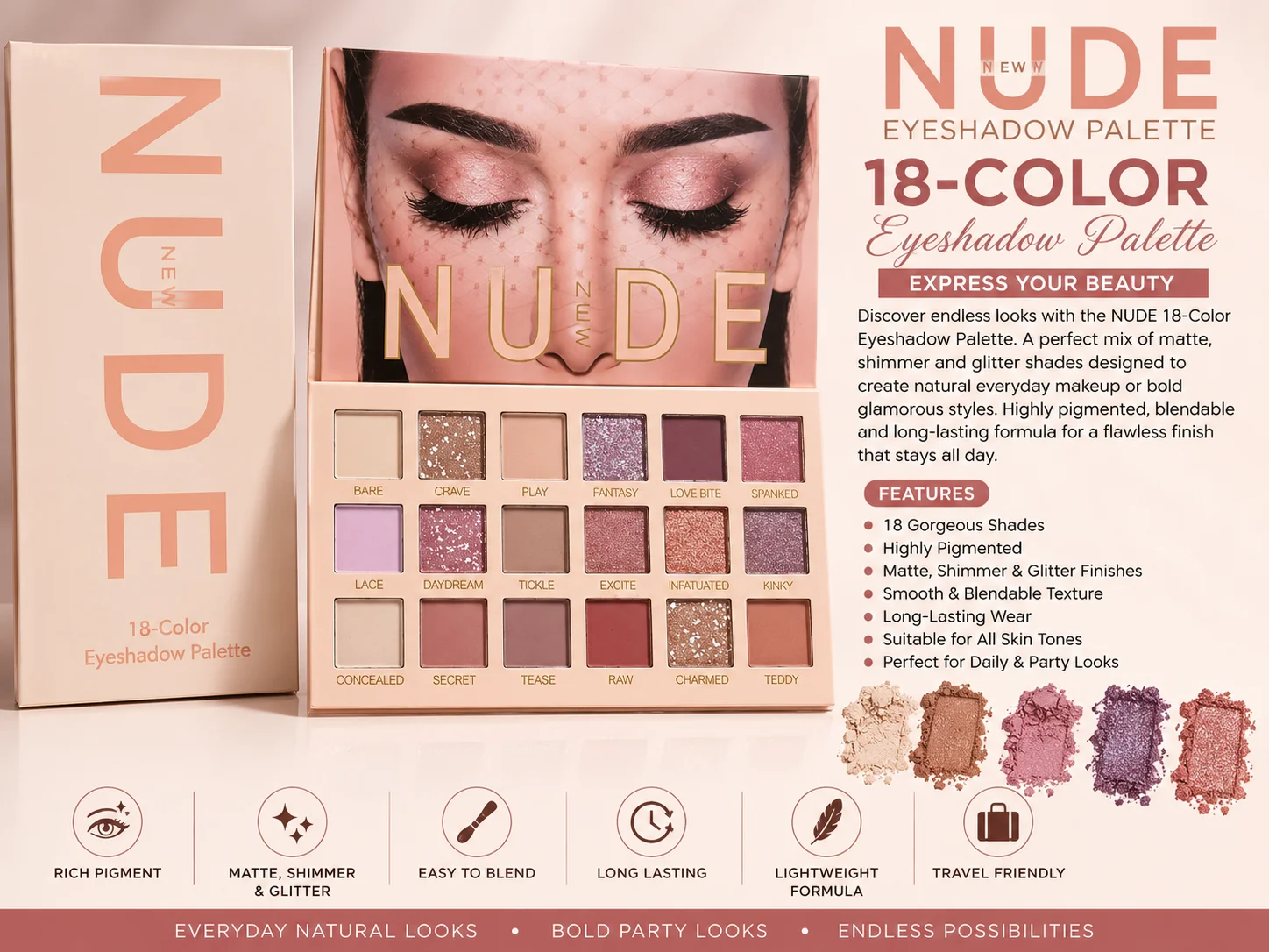 NUDE 18-Color Eyeshadow Palette – Matte, Shimmer & Glitter Makeup Kit