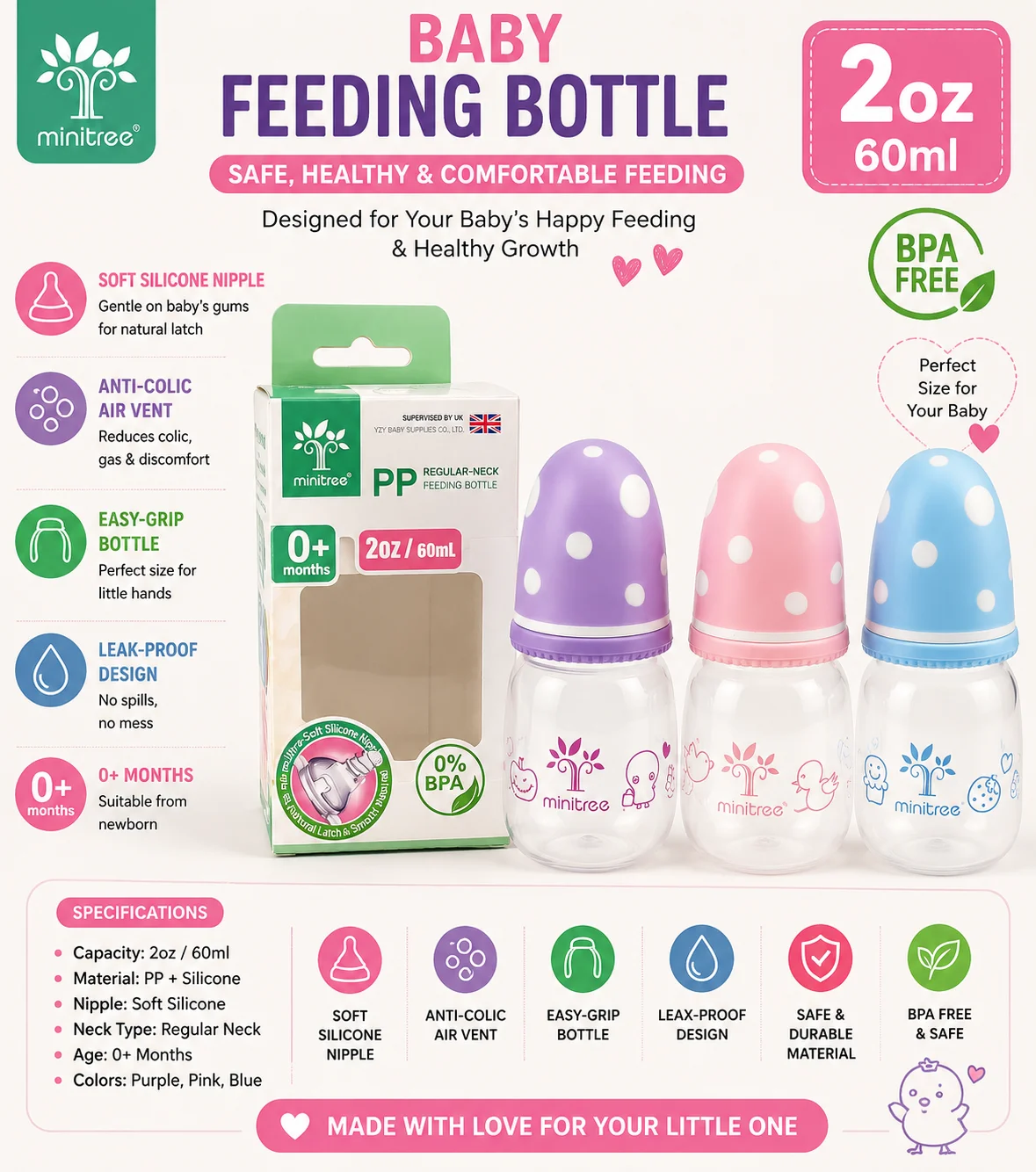 Minitree Baby Feeding Bottle 60ml (2oz)
