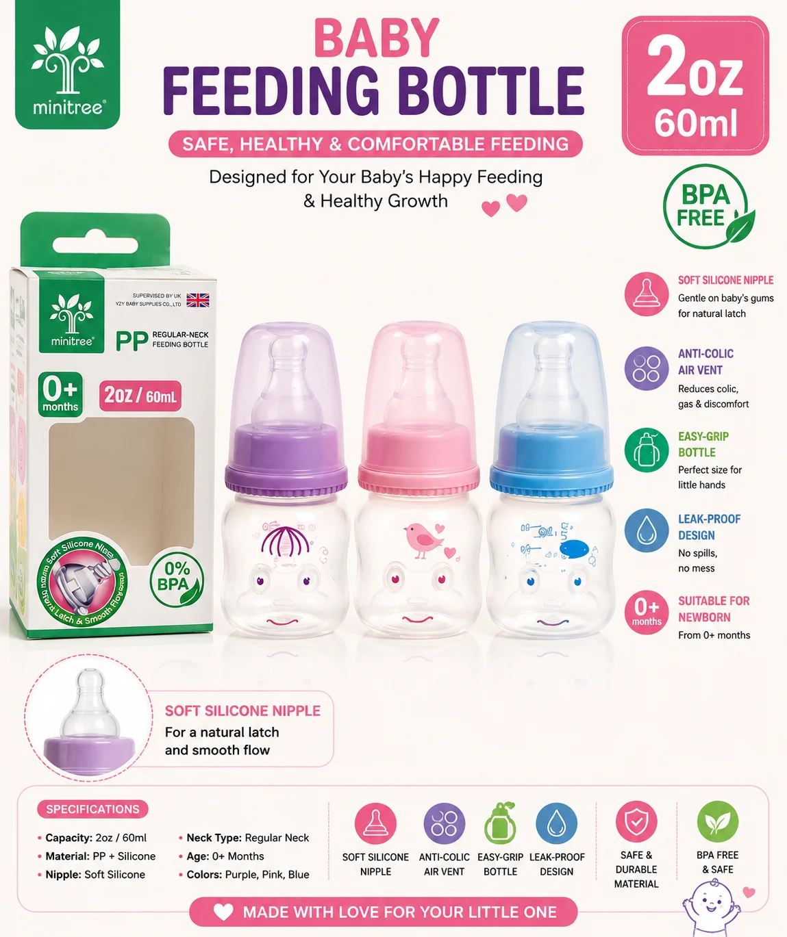 Minitree Baby Feeding Bottle 60ml (2oz)