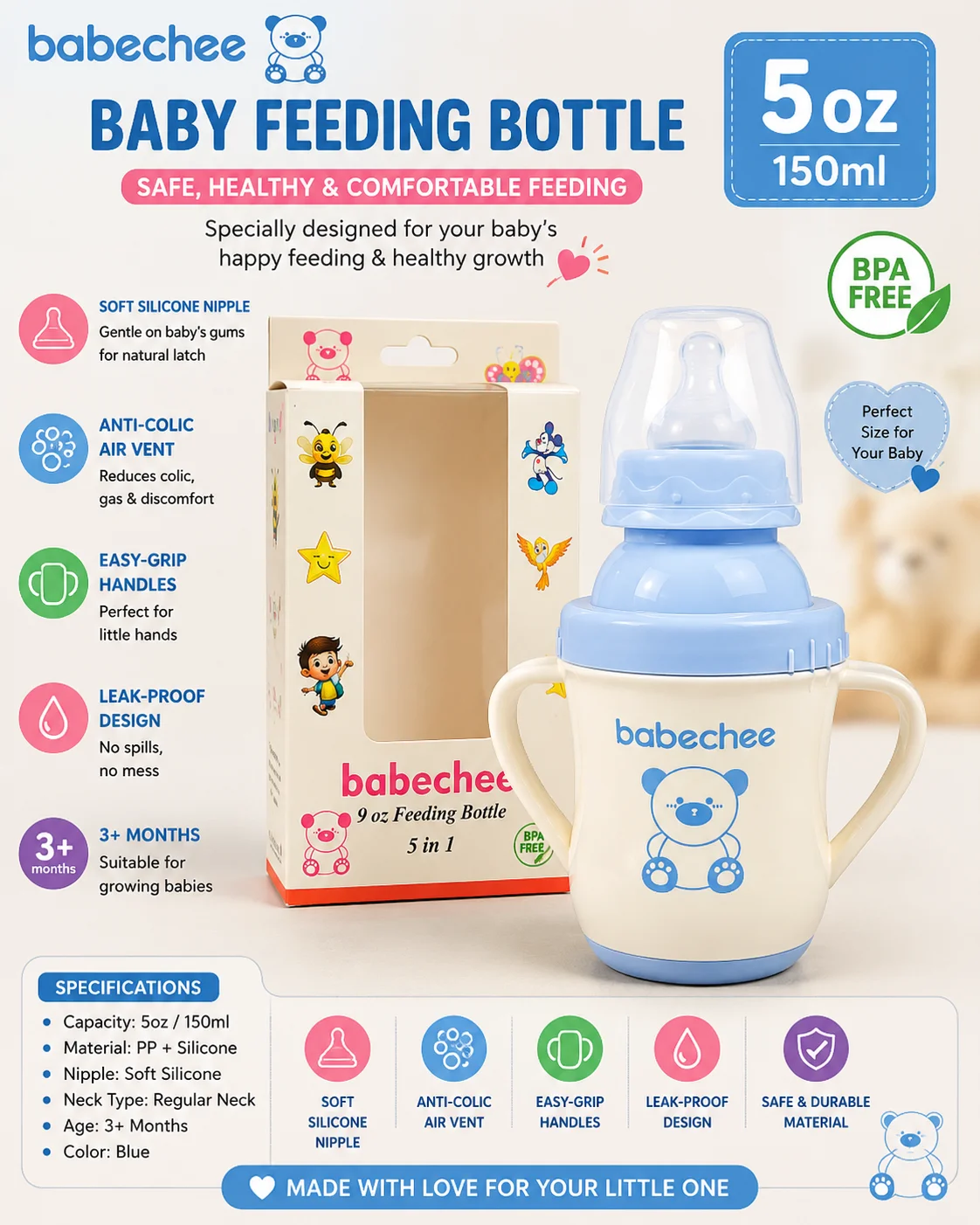 Babechee Baby Feeding Bottle 150ml (5oz) – BPA Free Anti-Colic Baby Bottle