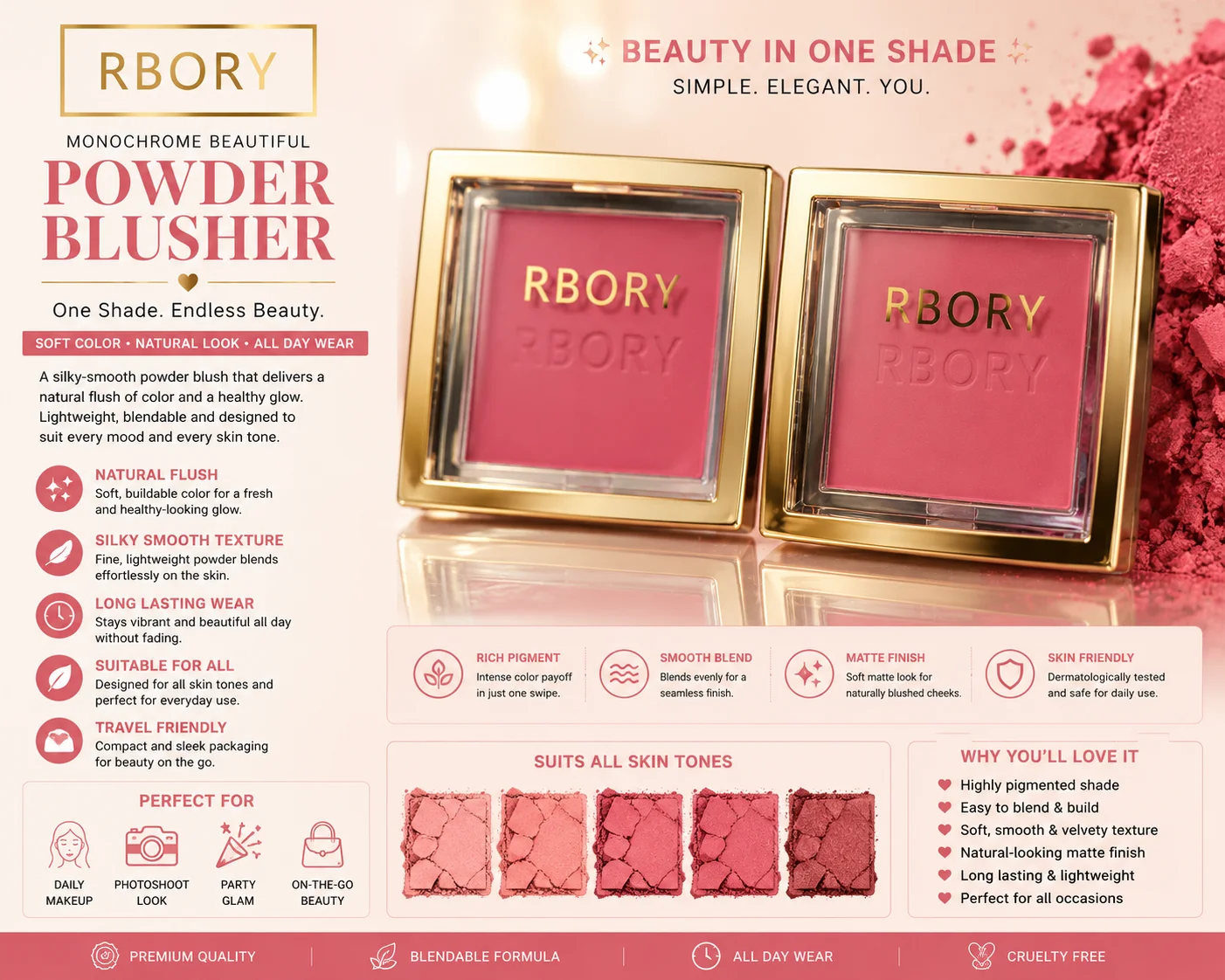 RBORY Monochrome Beautiful Powder Blusher – Soft Matte Natural Glow Blush