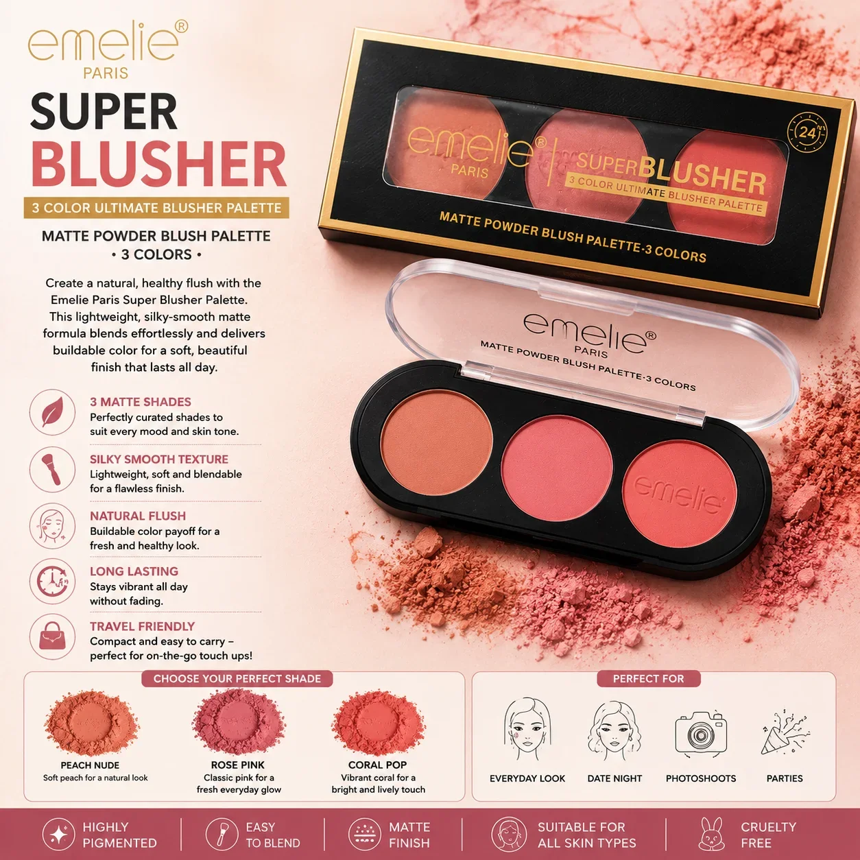 Emelie Paris Super Blusher – 3 Color Matte Powder Blush Palette