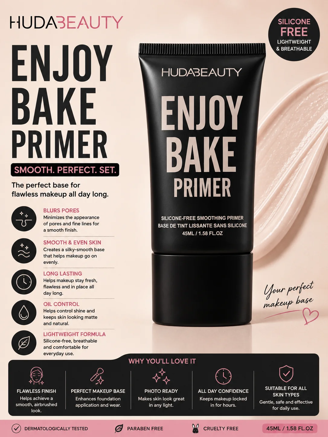 HUDA BEAUTY Enjoy Bake Primer – Silicone-Free Smoothing Primer 45ml