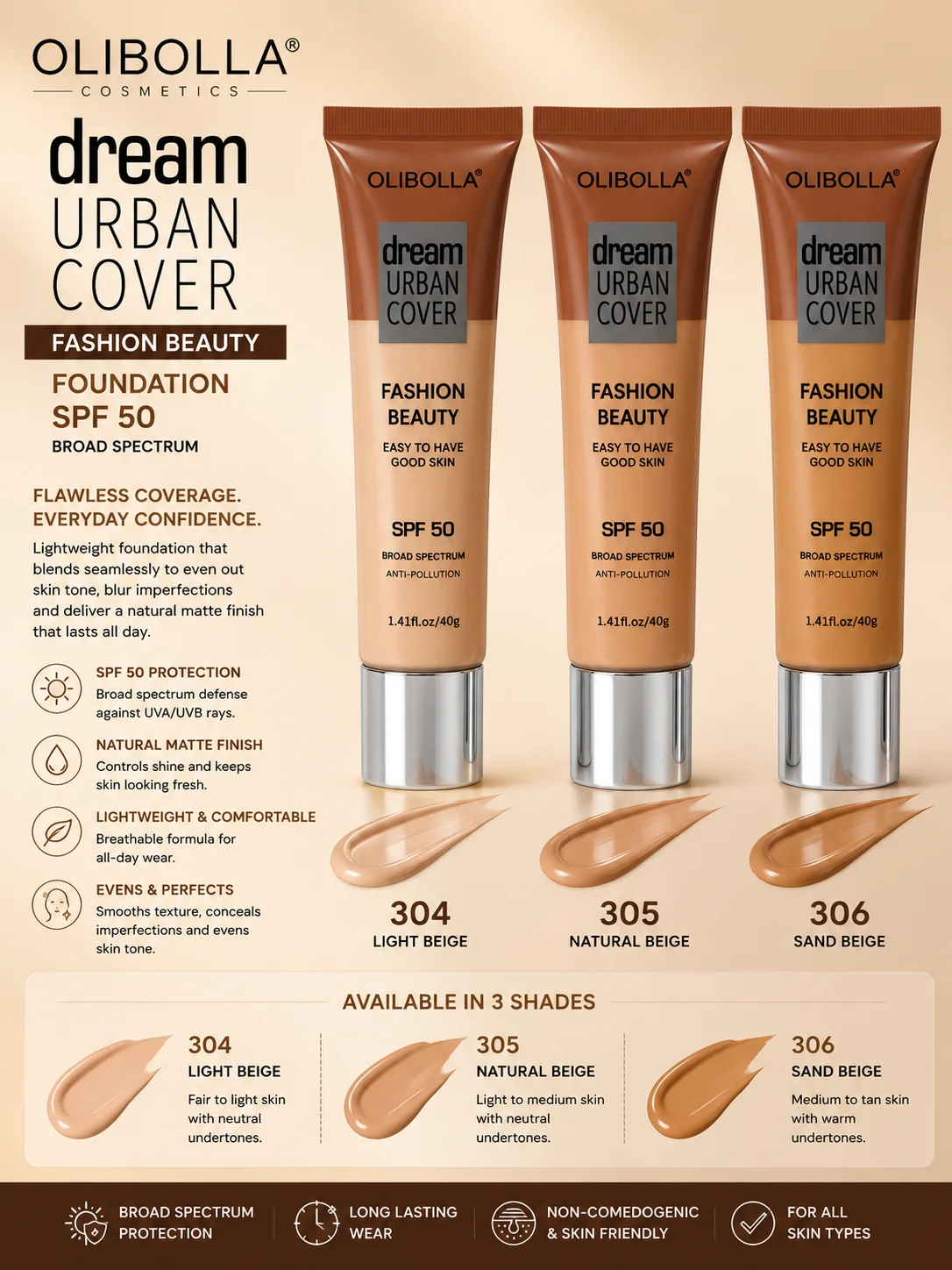 Olibolla Dream Urban Cover Fashion Beauty Foundation SPF 50 – Shades 304, 305 & 306