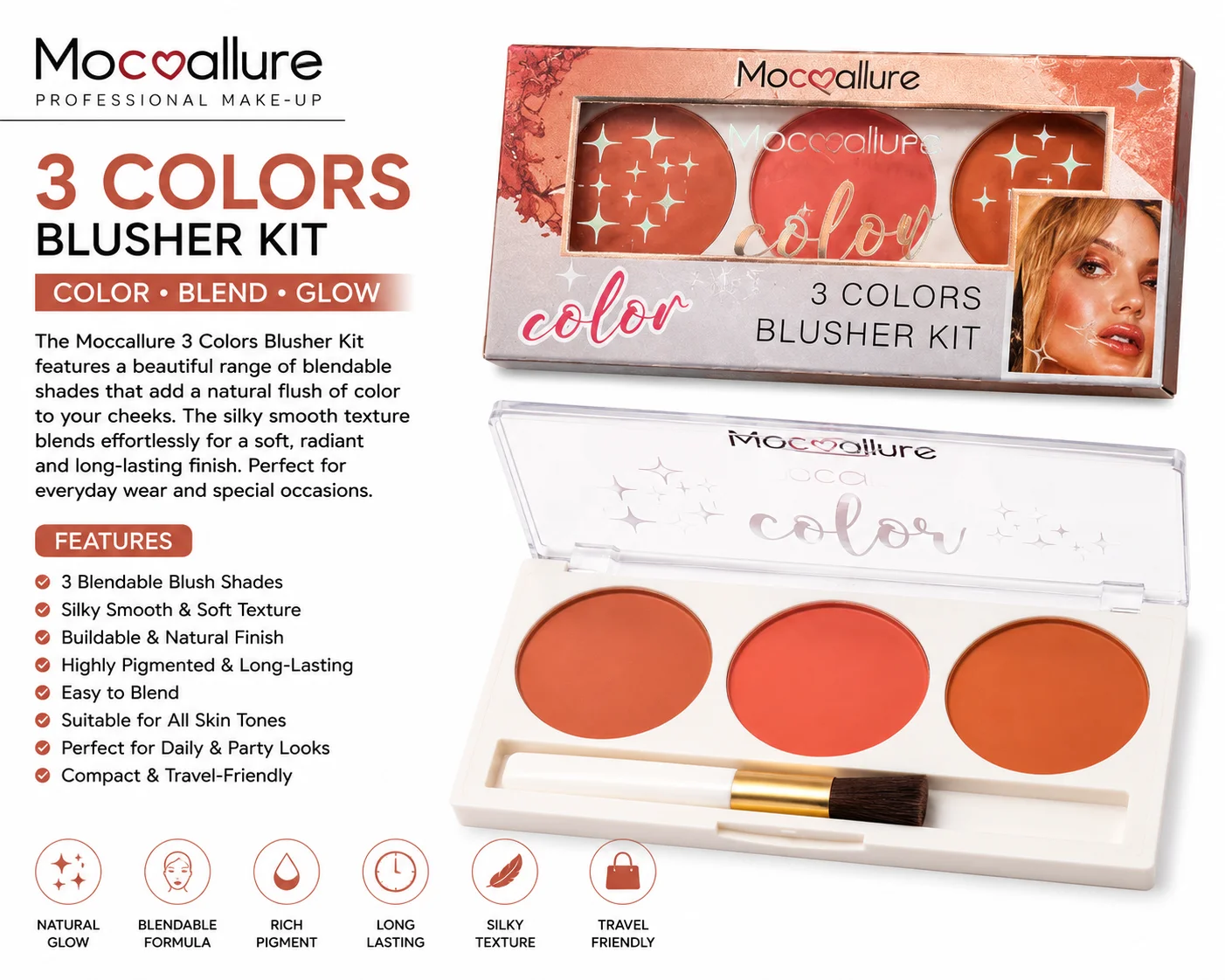 Mocallure 3 Colors Blusher Kit – Smooth Matte Blush Palette