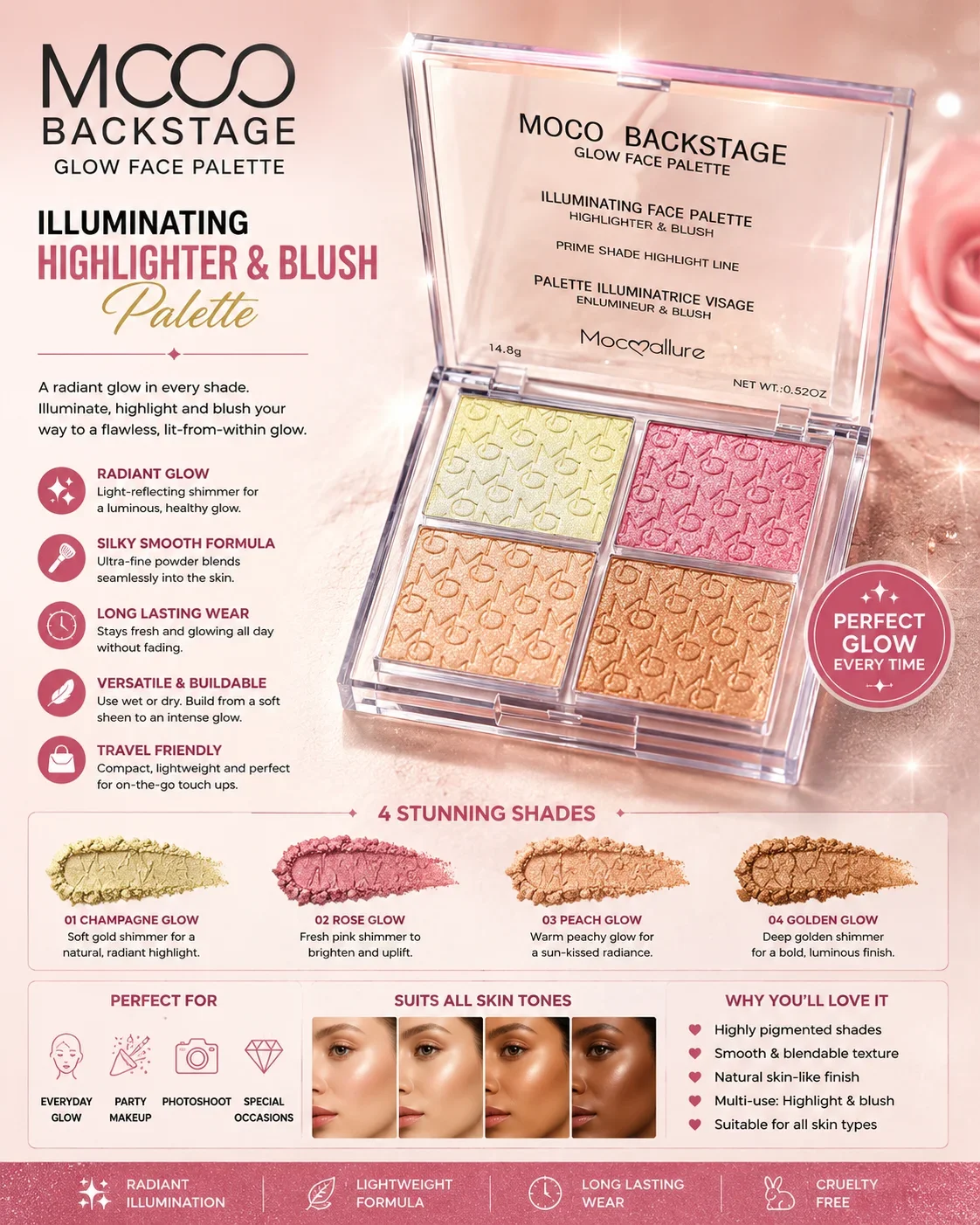 Moco Backstage Glow Face Palette – Illuminating Highlighter & Blush Kit