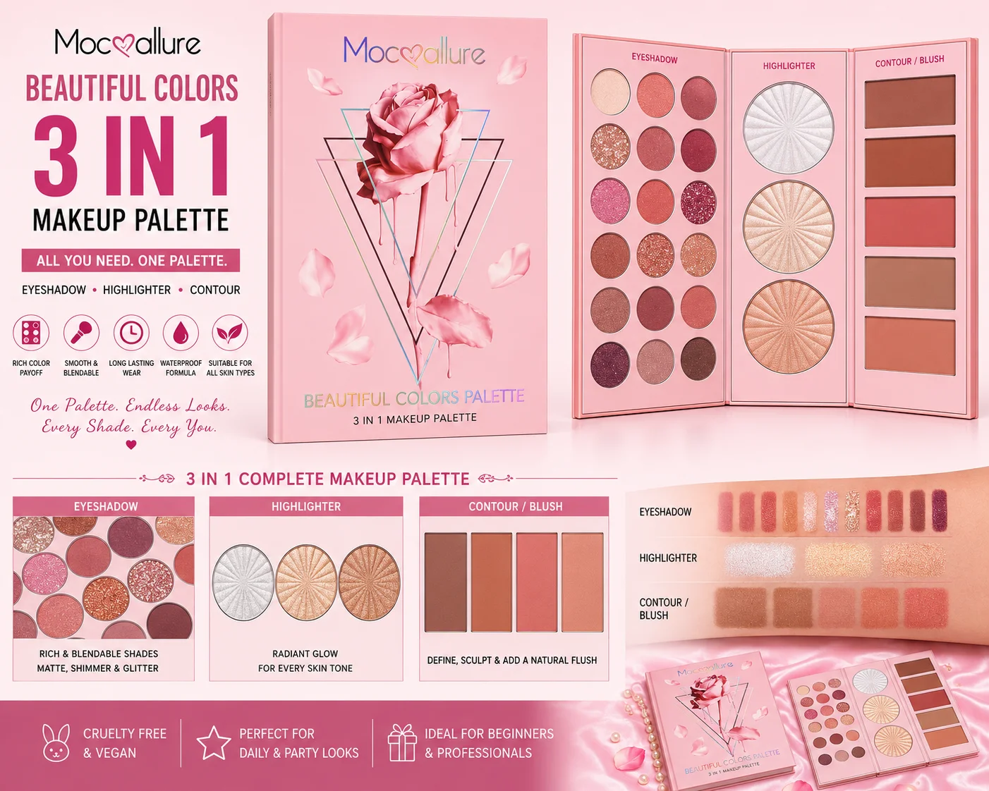 Mocallure Beautiful Colors 3 In 1 Makeup Palette