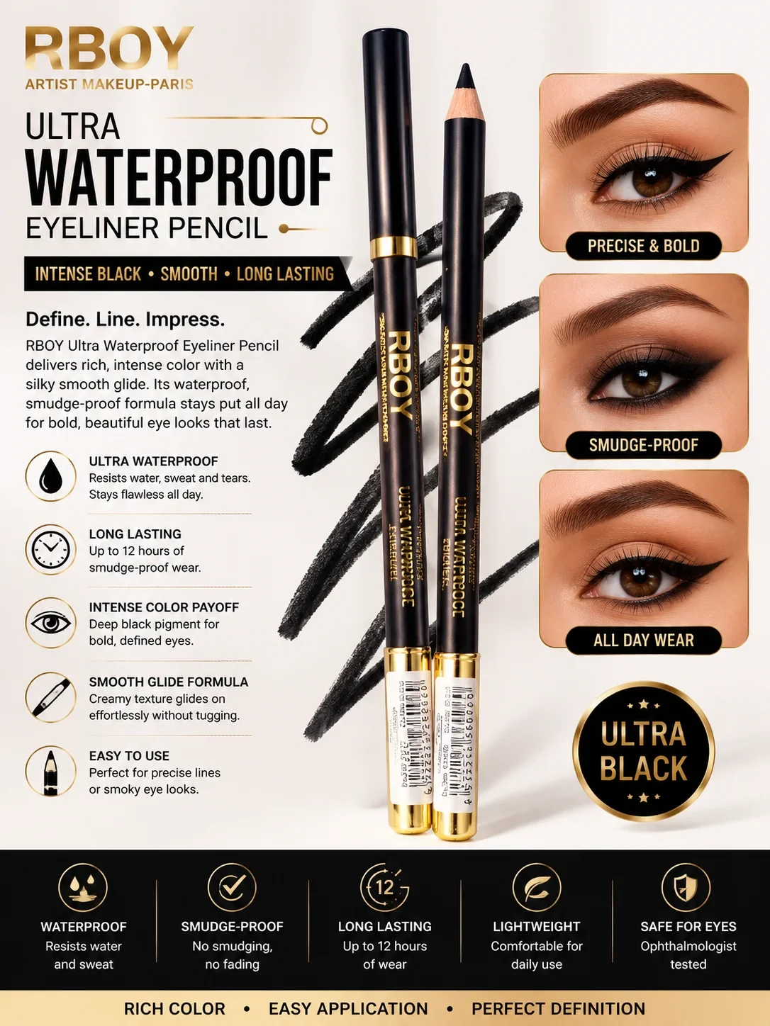 RBOY Ultra Waterproof Eyeliner Pencil – Black