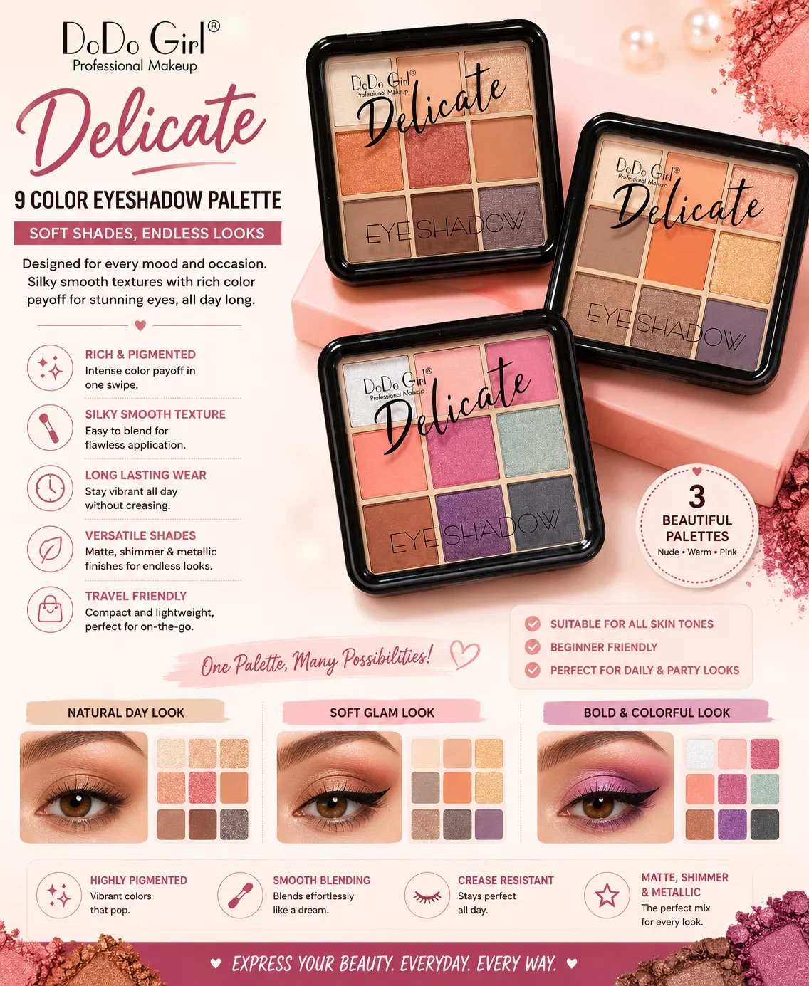 DoDo Girl Delicate 9 Color Eyeshadow Palette – Soft Glam Collection