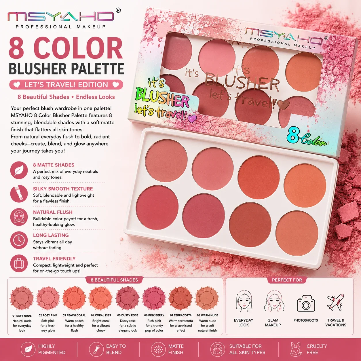 MSYAHO 8 Color Blusher Palette – Let’s Travel Edition