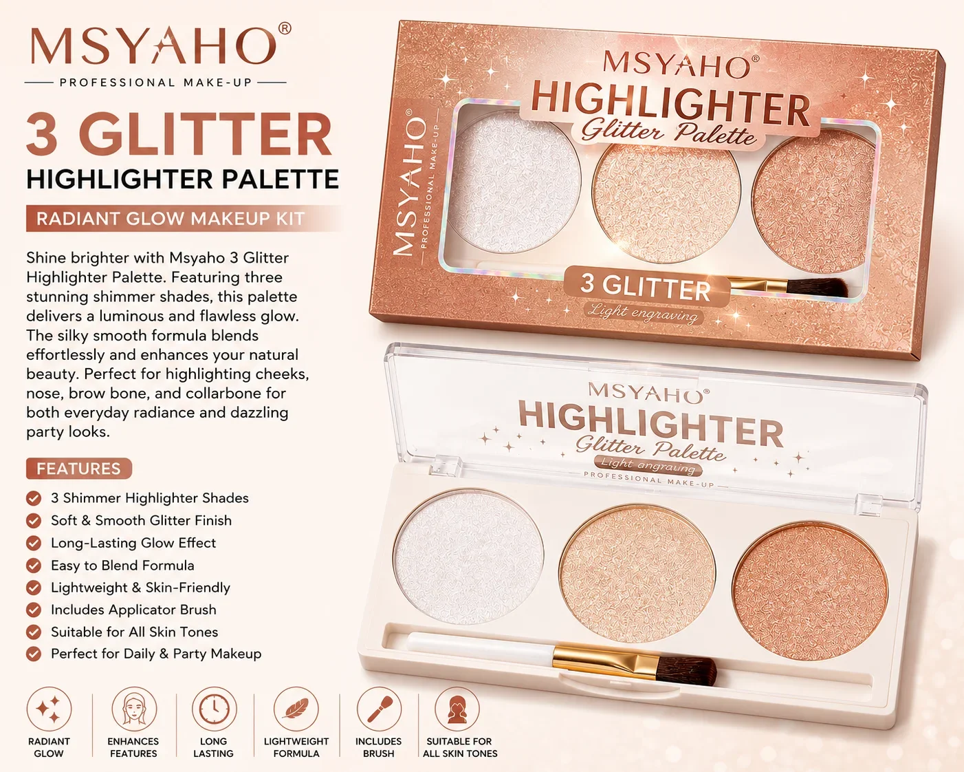 Msyaho 3 Glitter Highlighter Palette – Radiant Glow Makeup Kit