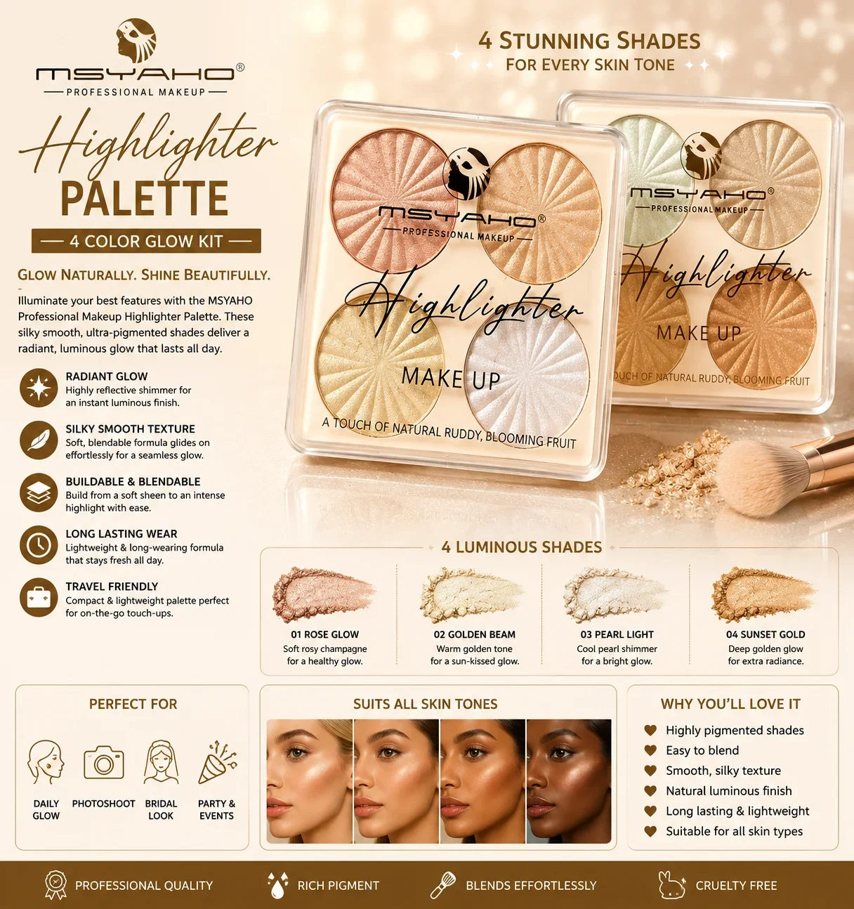 MSYAHO Professional Makeup Highlighter Palette – 4 Color Glow Kit