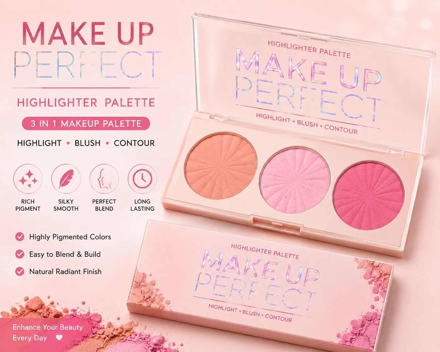 Make Up Perfect Highlighter Palette – 3 in 1 Makeup Kit