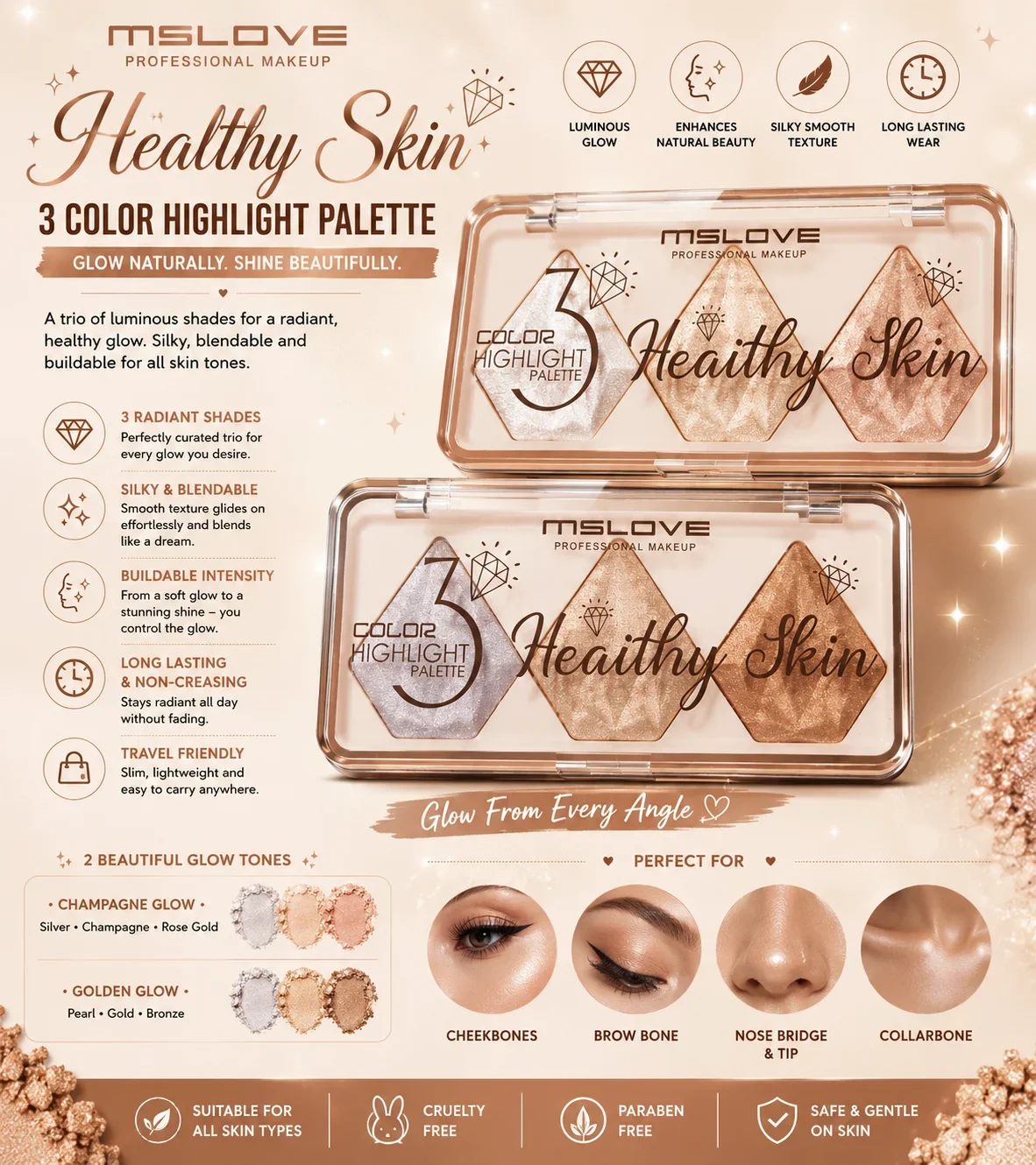 MSLOVE Healthy Skin 3 Color Highlight Palette – Glow & Shine Collection