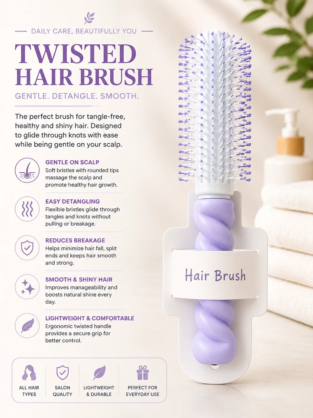 Cute Spiral Handle Round Hair Brush – Soft Bristle Styling & Blow Dry Brush