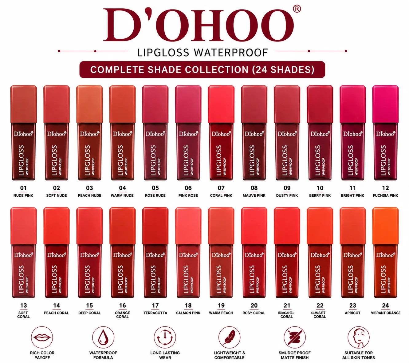 D’OHOO Waterproof Lip Gloss Set – Complete 24 Shades Collection