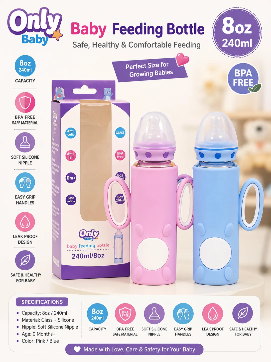 Only Baby Feeding Bottle 240ml (8oz)