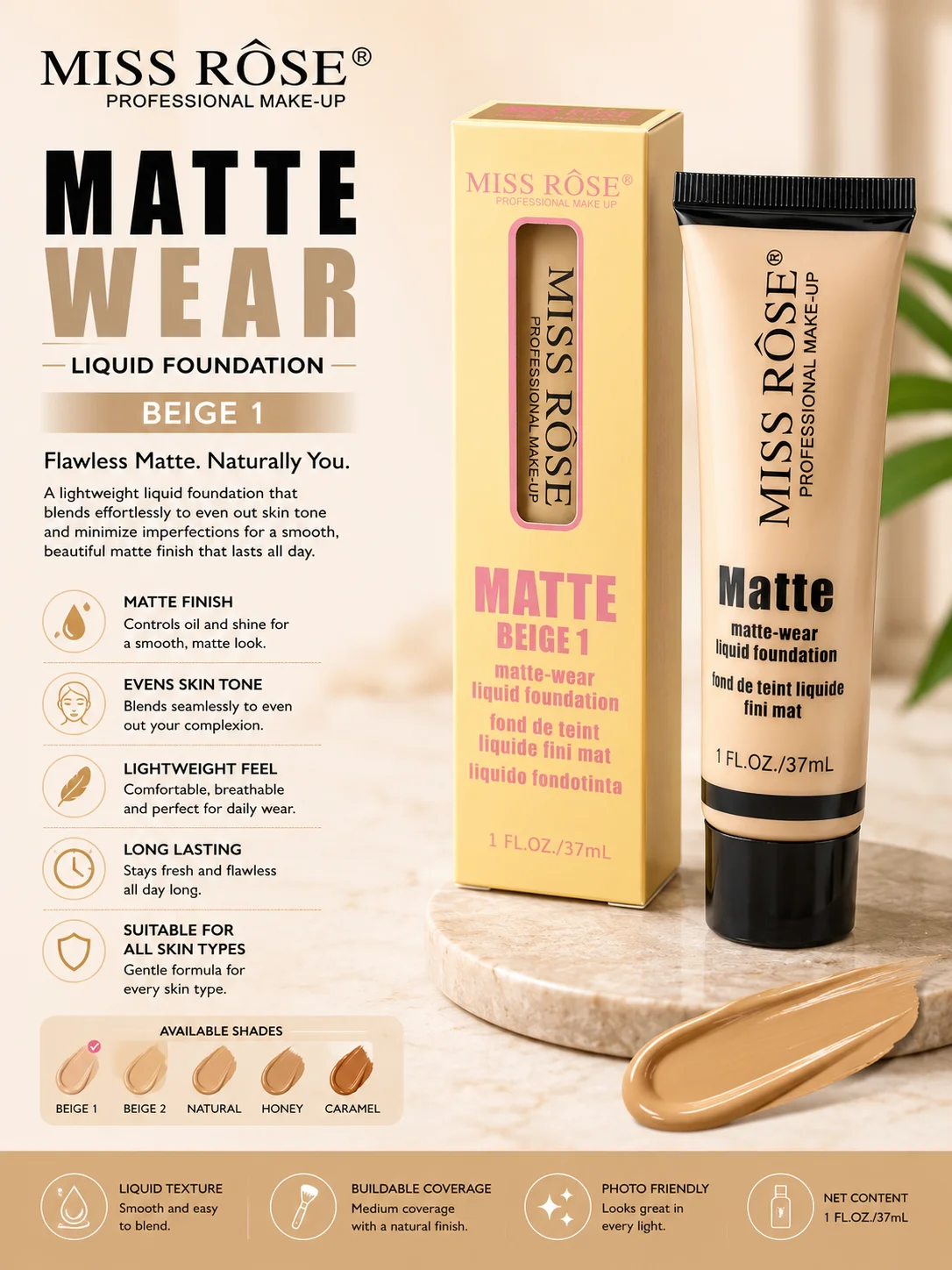 Miss Rose Matte Wear Liquid Foundation – Beige 1