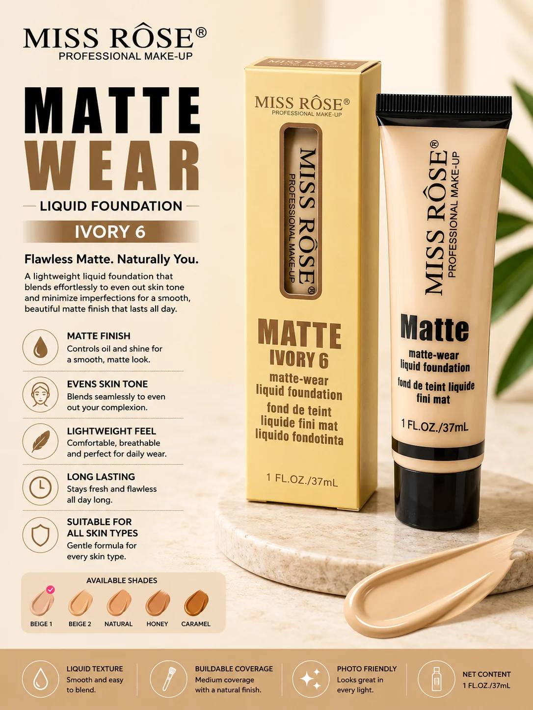 Miss Rose Matte Wear Liquid Foundation – Ivory 6