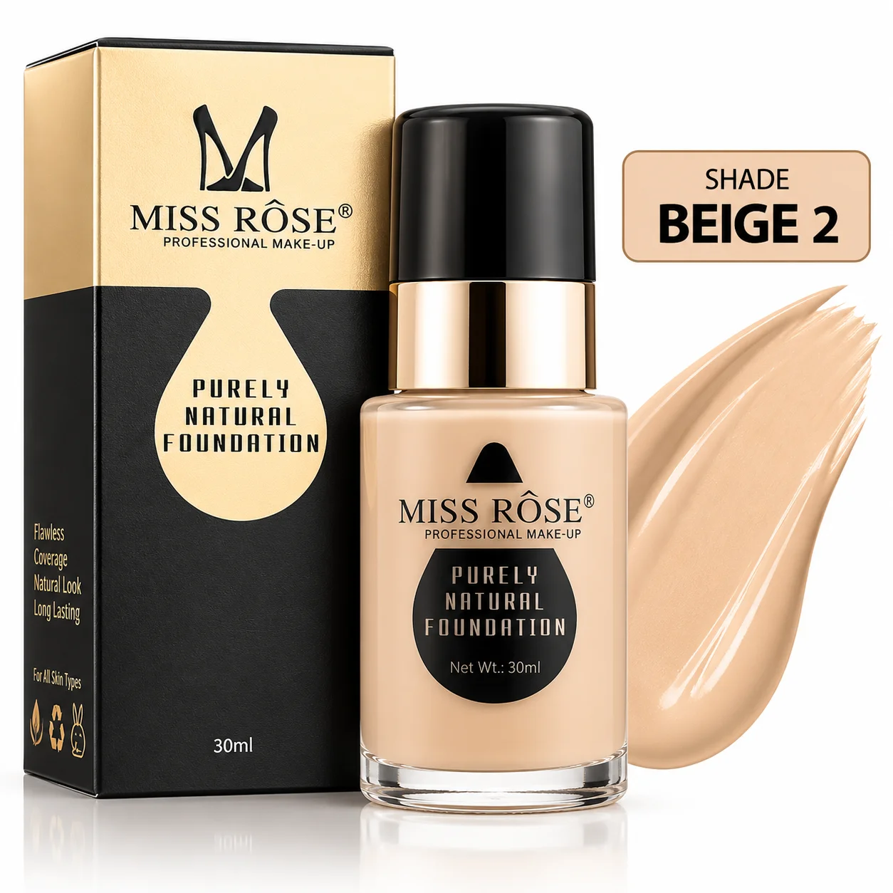 Miss Rose Purely Natural Foundation – Beige 2 – 30ml Long Lasting Makeup
