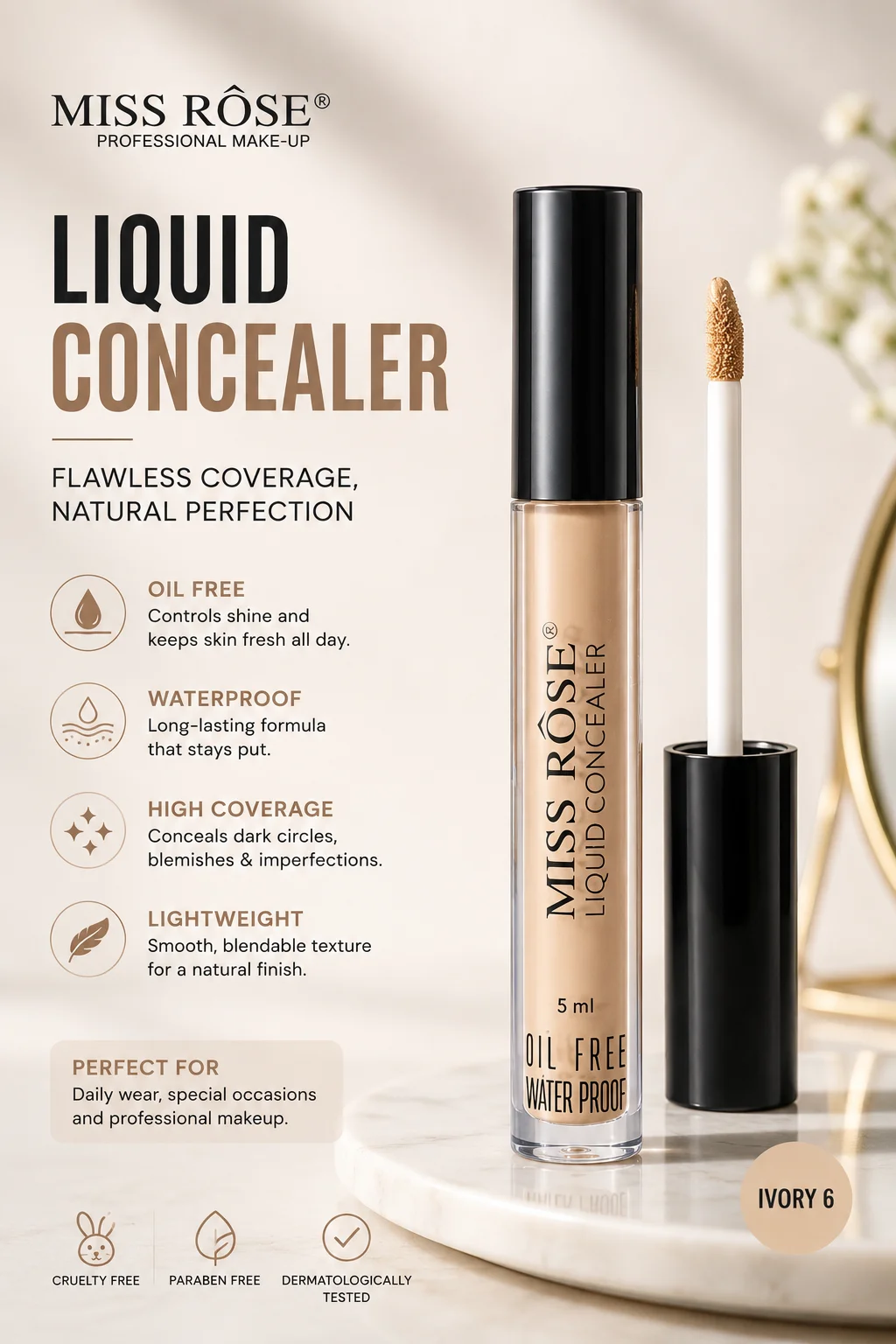 Miss Rose Liquid Concealer – Oil Free Waterproof Concealer 5ml (Ivory 6)