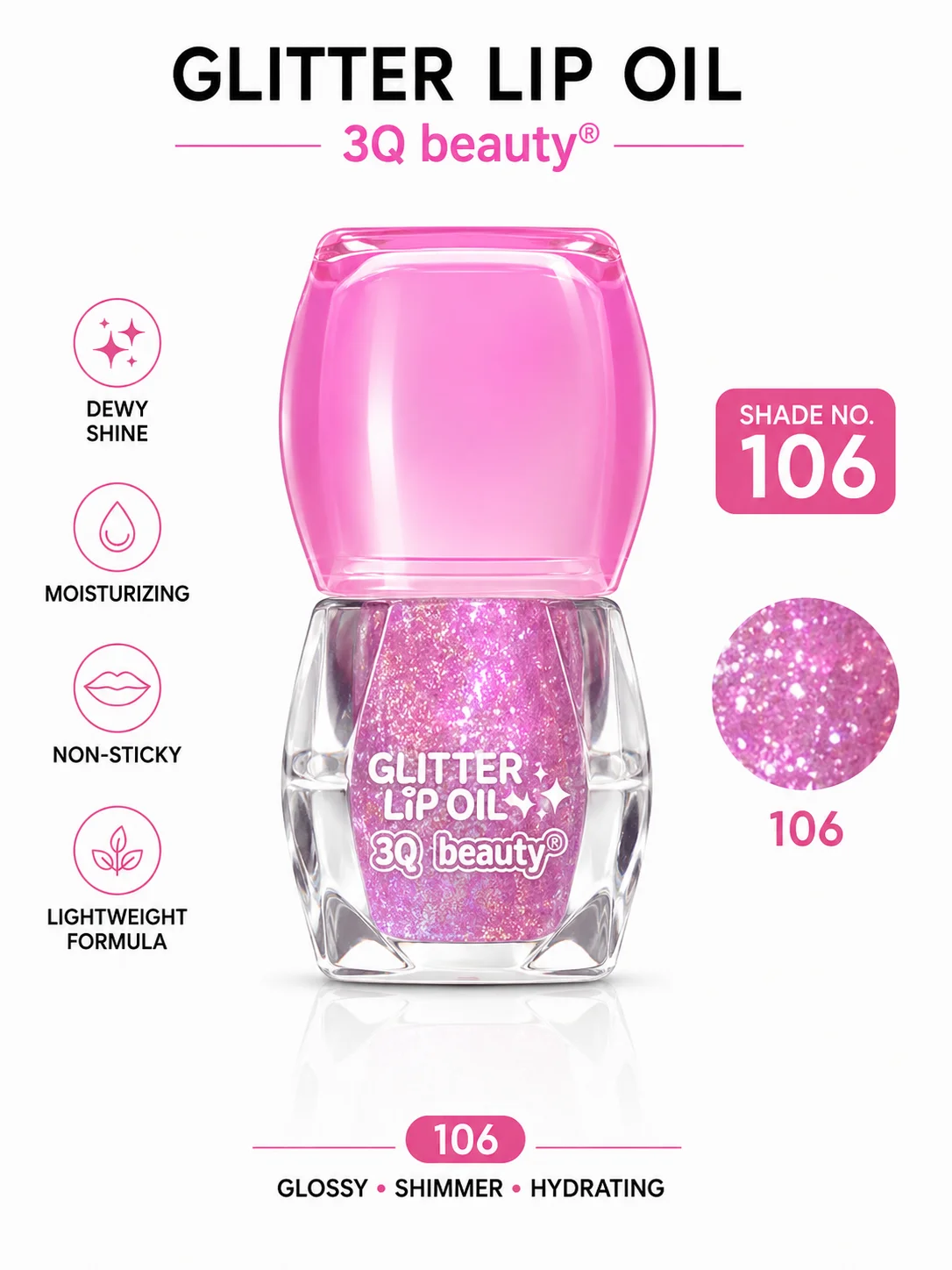 3Q Beauty Glitter Lip Oil Set – 6 Shades (101–106)