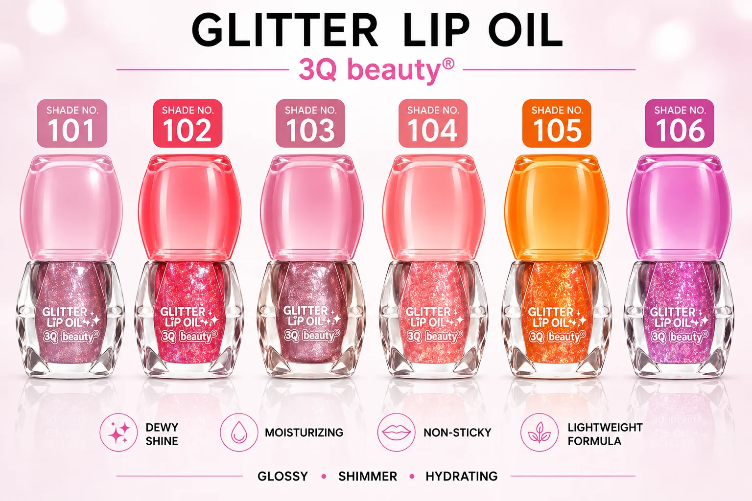 3Q Beauty Glitter Lip Oil Set – 6 Shades (101–106)