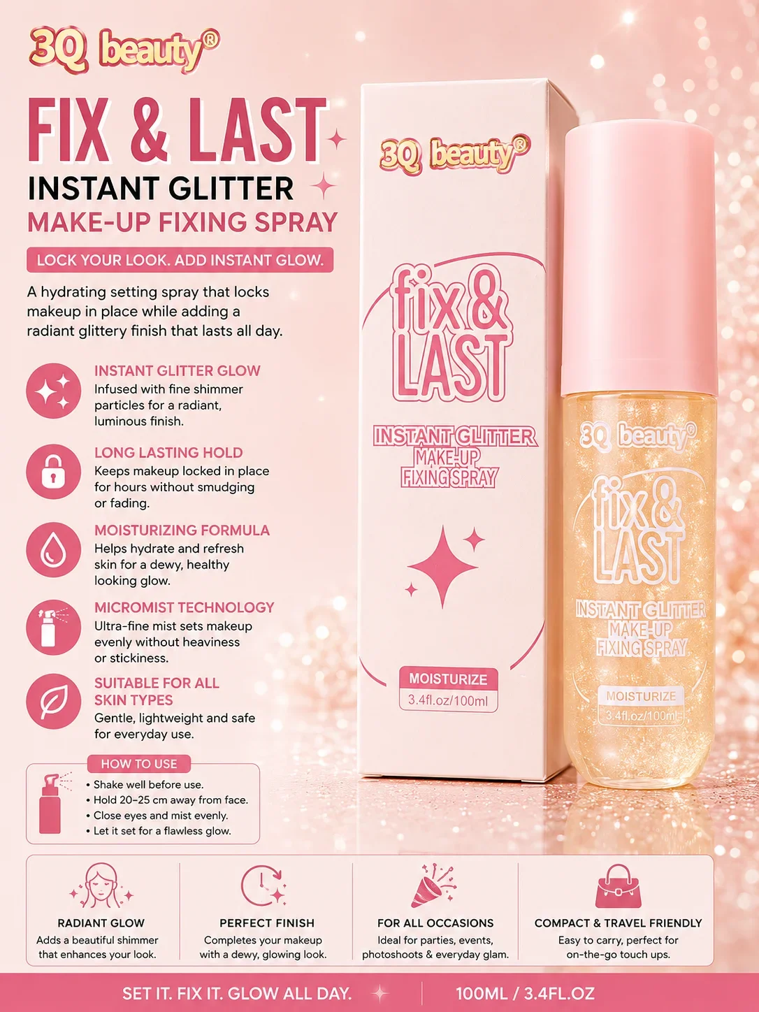 3Q Beauty Fix & Last Instant Glitter Make-Up Fixing Spray – 100ml