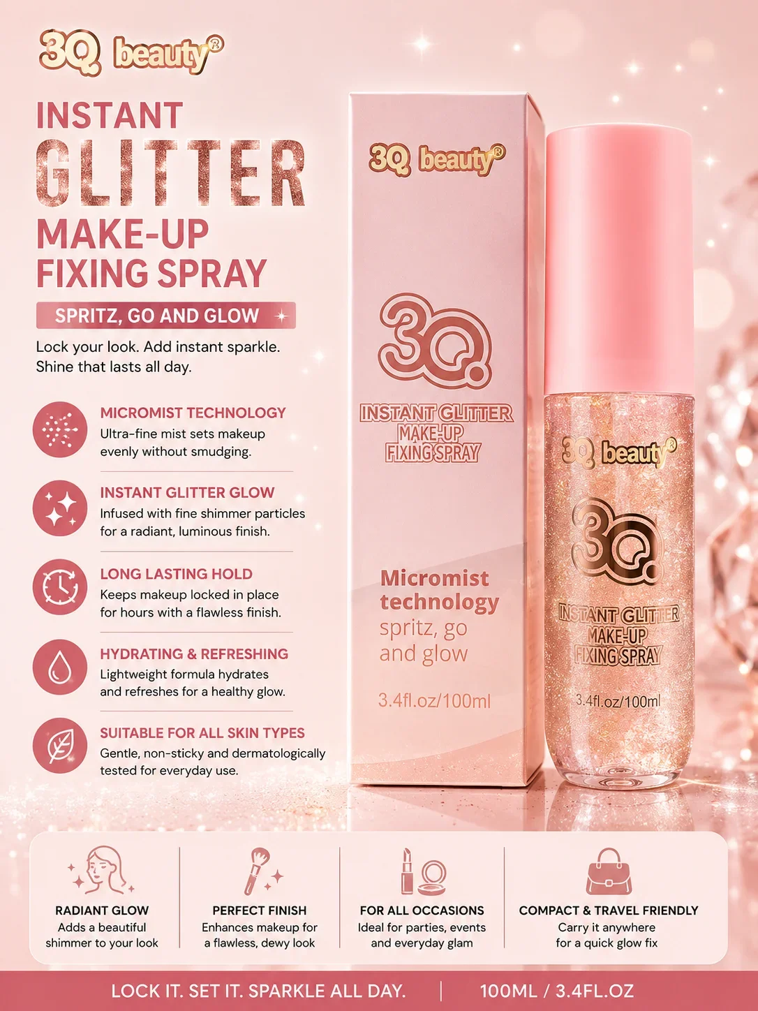 3Q Beauty Instant Glitter Make-Up Fixing Spray – 100ml