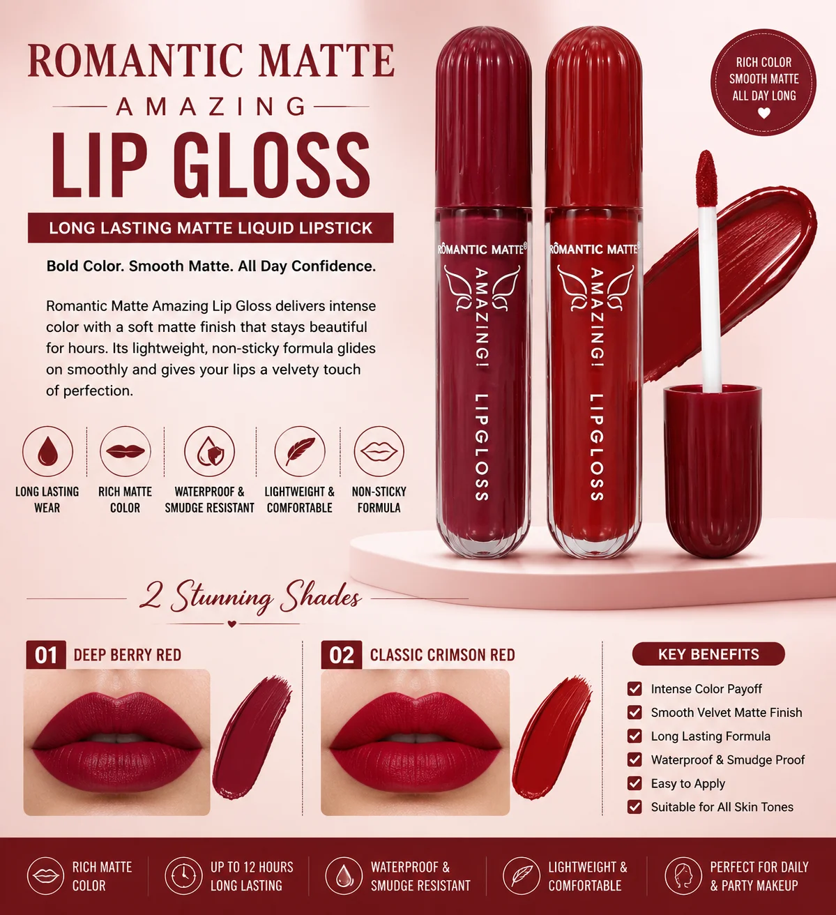 Romantic Matte Amazing Lip Gloss – Long Lasting Waterproof Matte Liquid Lipstick