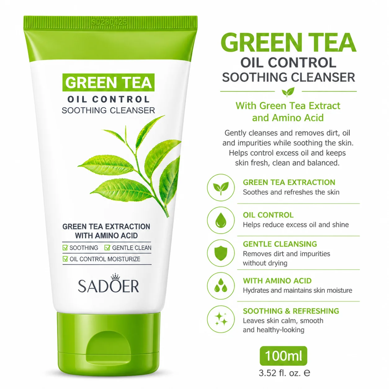 SADOER Green Tea Oil Control Soothing Cleanser – Hydrating Face Wash with Amino Acids – 100ml