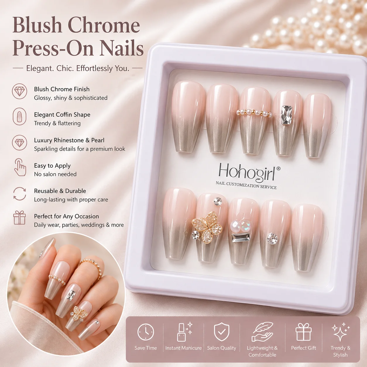 Luxury Nude Blush 3D Rhinestone Press-On Nails – Reusable Coffin Nail Set