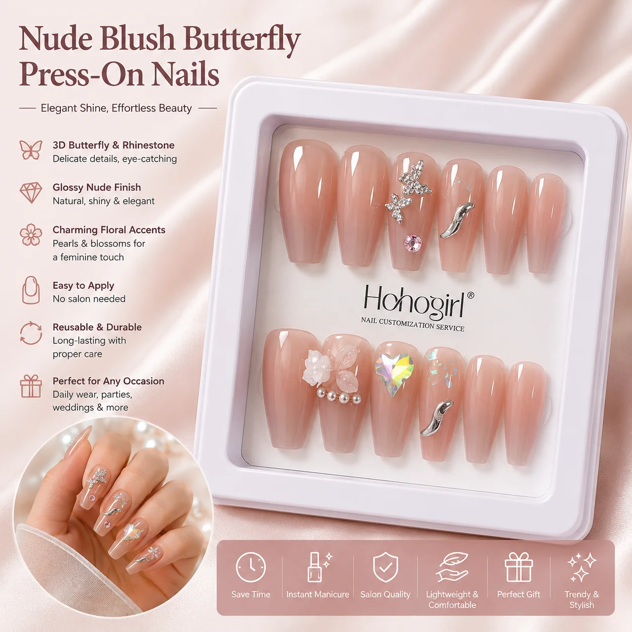 Luxury Nude Blush 3D Rhinestone Press-On Nails – Reusable Coffin Nail Set