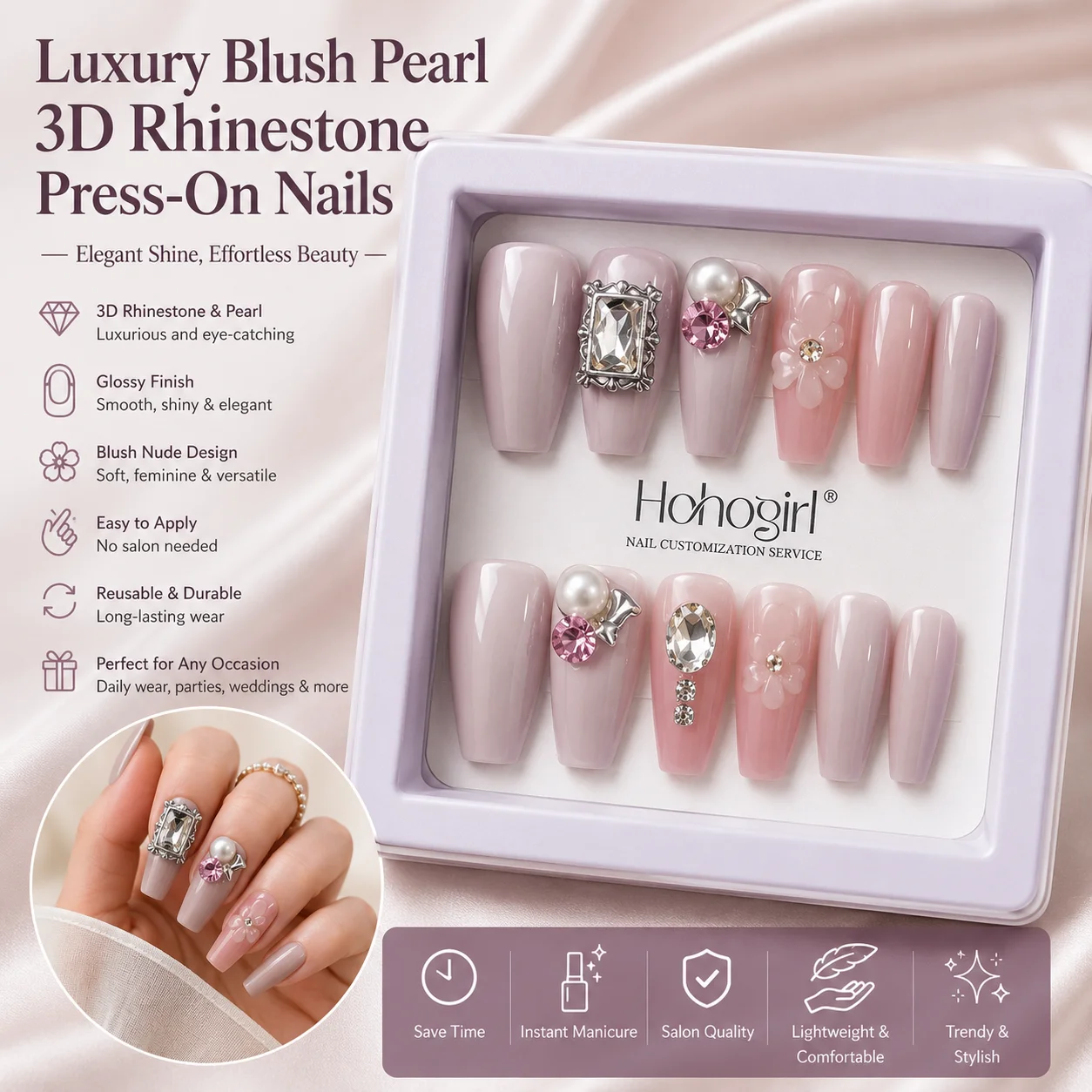 Luxury Nude Blush 3D Rhinestone Press-On Nails – Reusable Coffin Nail Set