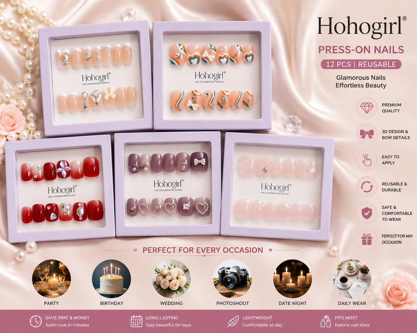 Luxury Nude Blush 3D Rhinestone Press-On Nails – Reusable Coffin Nail Set