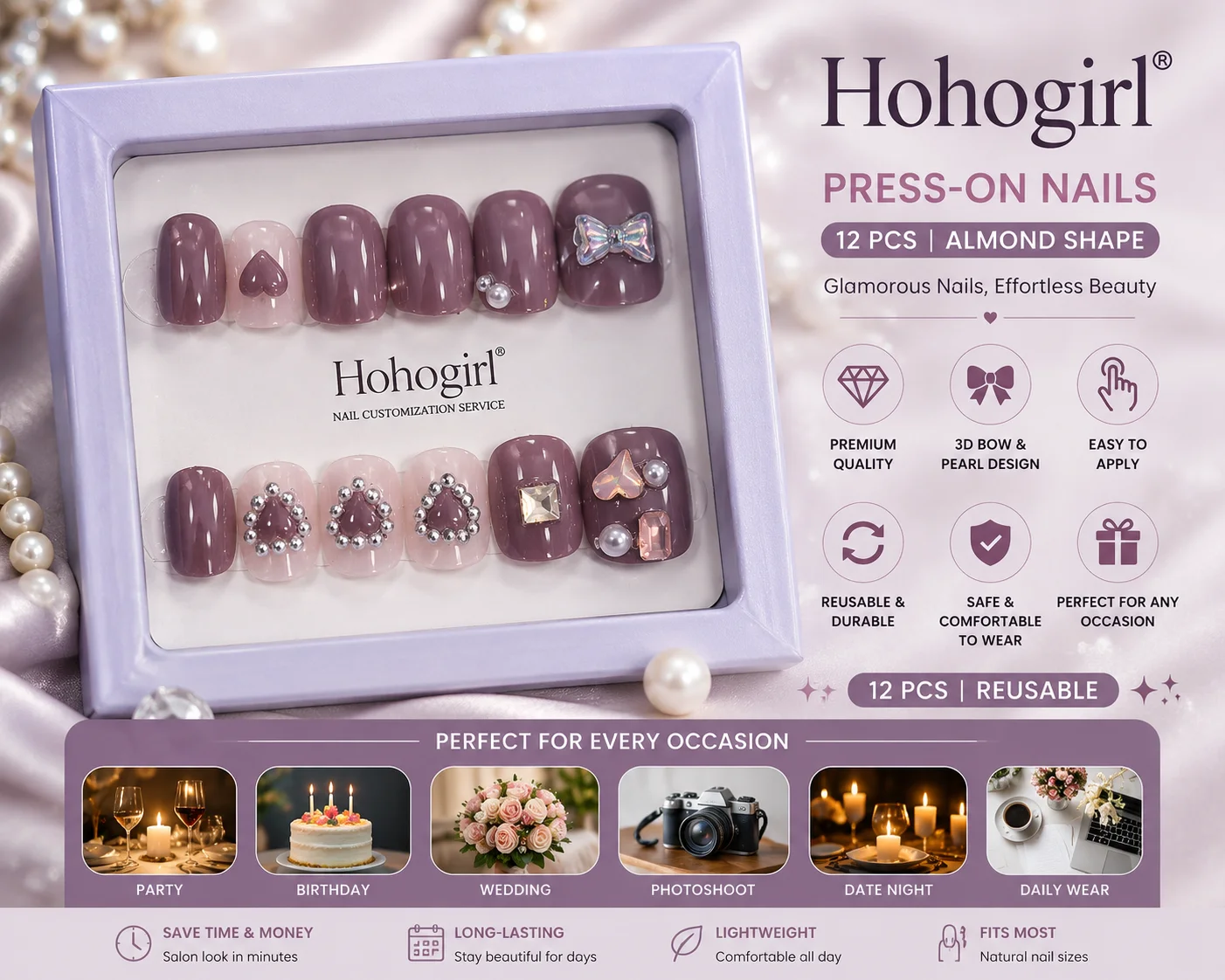 Luxury Nude Blush 3D Rhinestone Press-On Nails – Reusable Coffin Nail Set