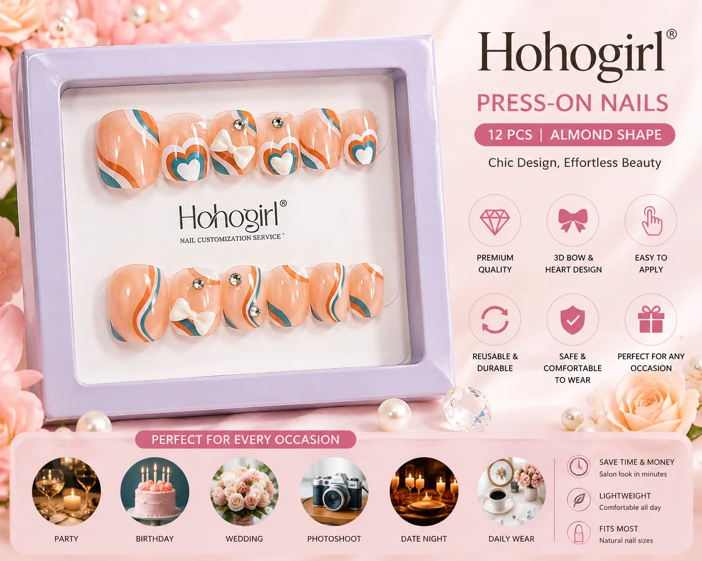 Luxury Nude Blush 3D Rhinestone Press-On Nails – Reusable Coffin Nail Set