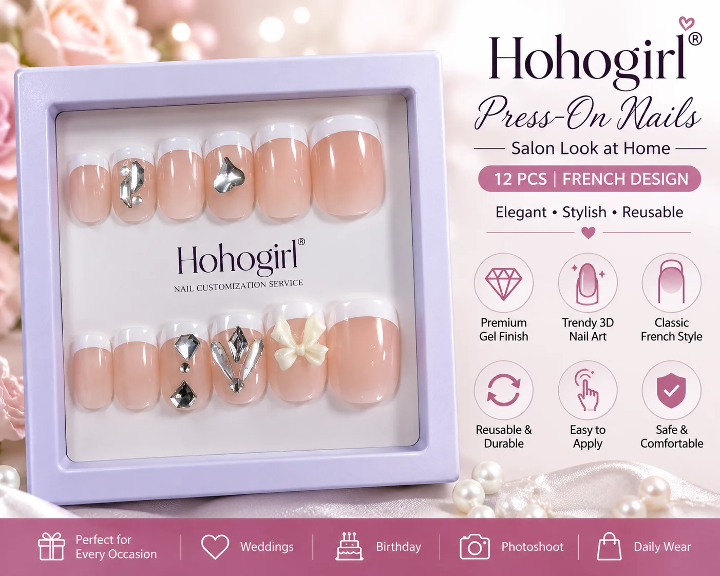 Luxury Nude Blush 3D Rhinestone Press-On Nails – Reusable Coffin Nail Set