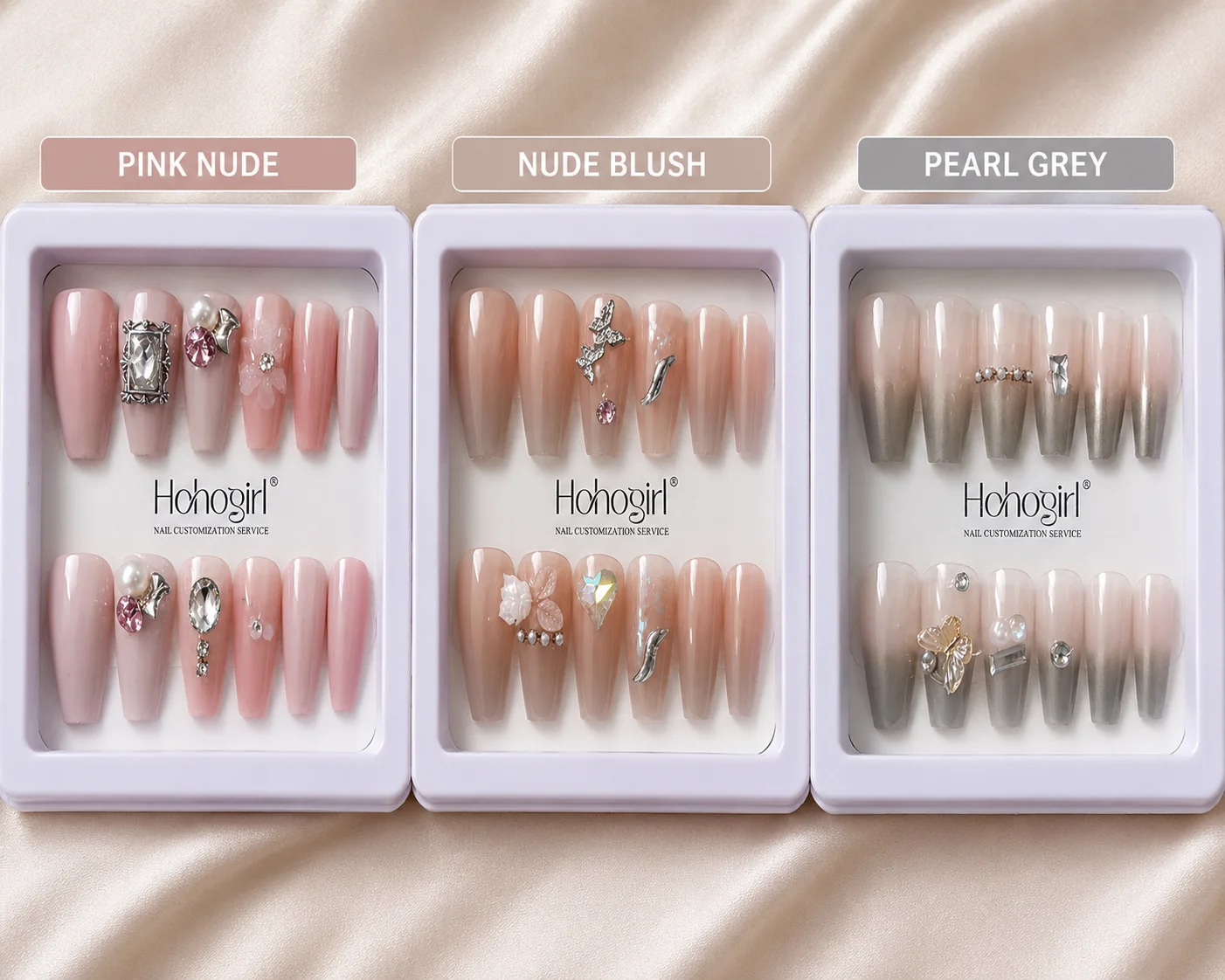 Luxury Nude Blush 3D Rhinestone Press-On Nails – Reusable Coffin Nail Set