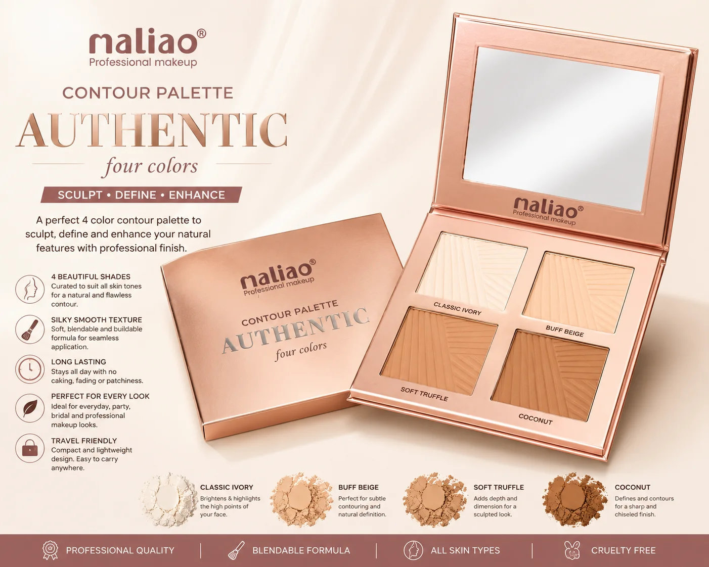 Maliao Authentic Contour Palette – 4 Color Professional Makeup Kit