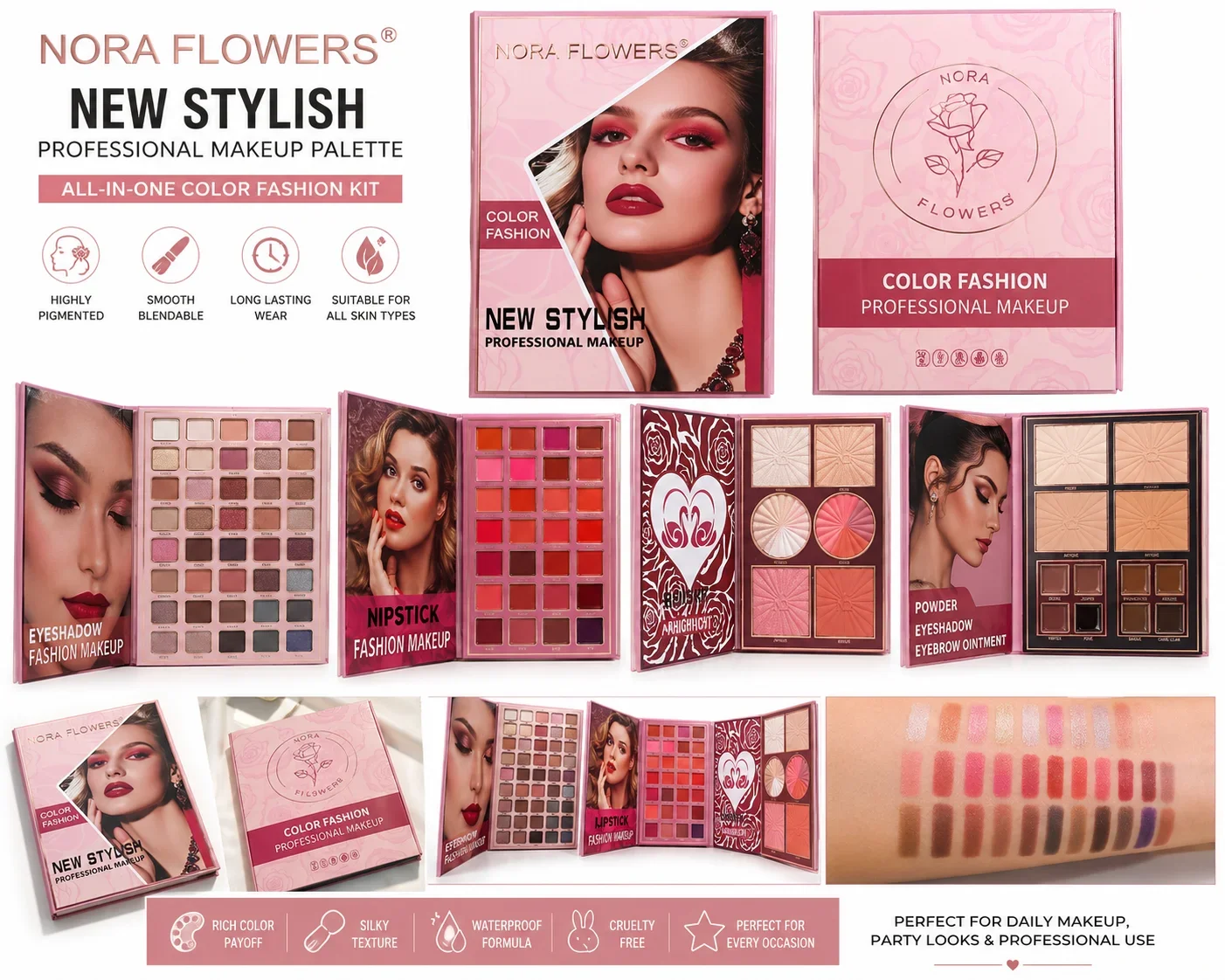 Nora Flowers Professional Makeup Kit – All in One Eyeshadow, Lipstick, Blusher & Contour Palette