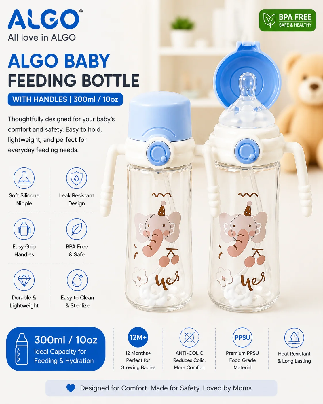 ALGO PPSU Baby Straw Feeding Bottle with Handles – 300ml (10oz) Anti-Colic Sippy Bottle