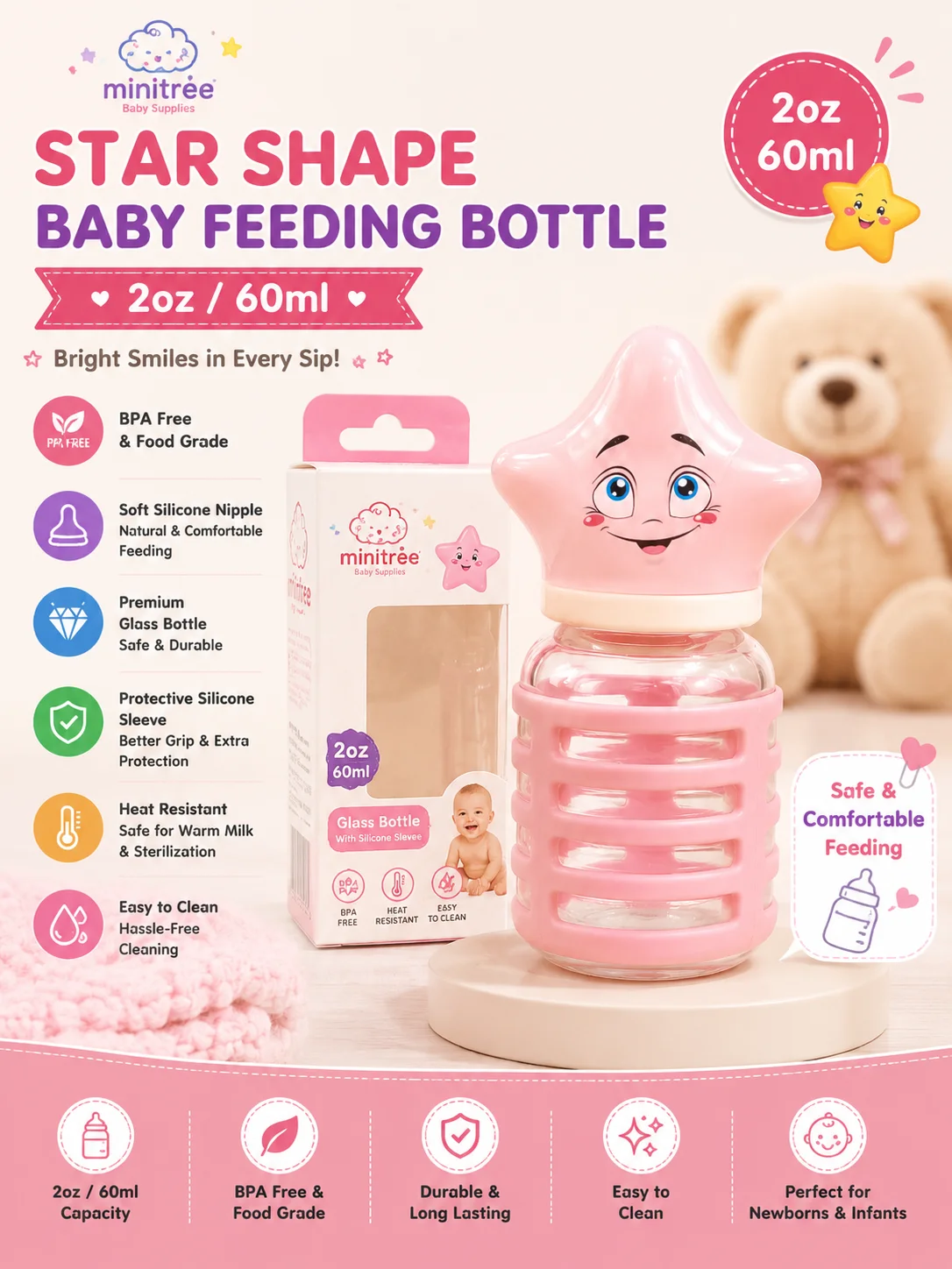 Star Shape Glass Baby Feeding Bottle – 2oz (60ml)