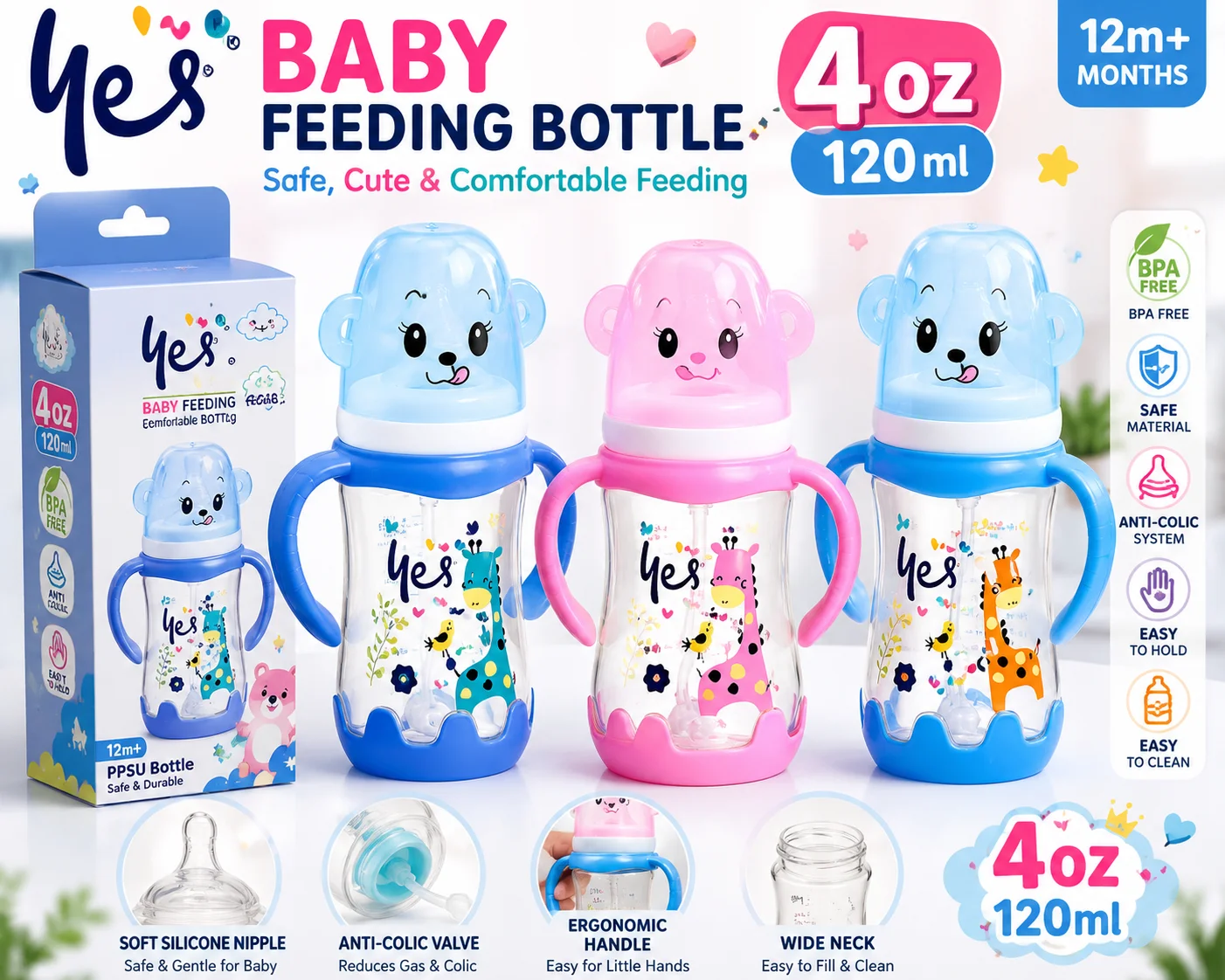 YES Baby Feeding Bottle 120ml (4oz) – BPA Free Anti-Colic Baby Bottle with Easy-Grip Handles