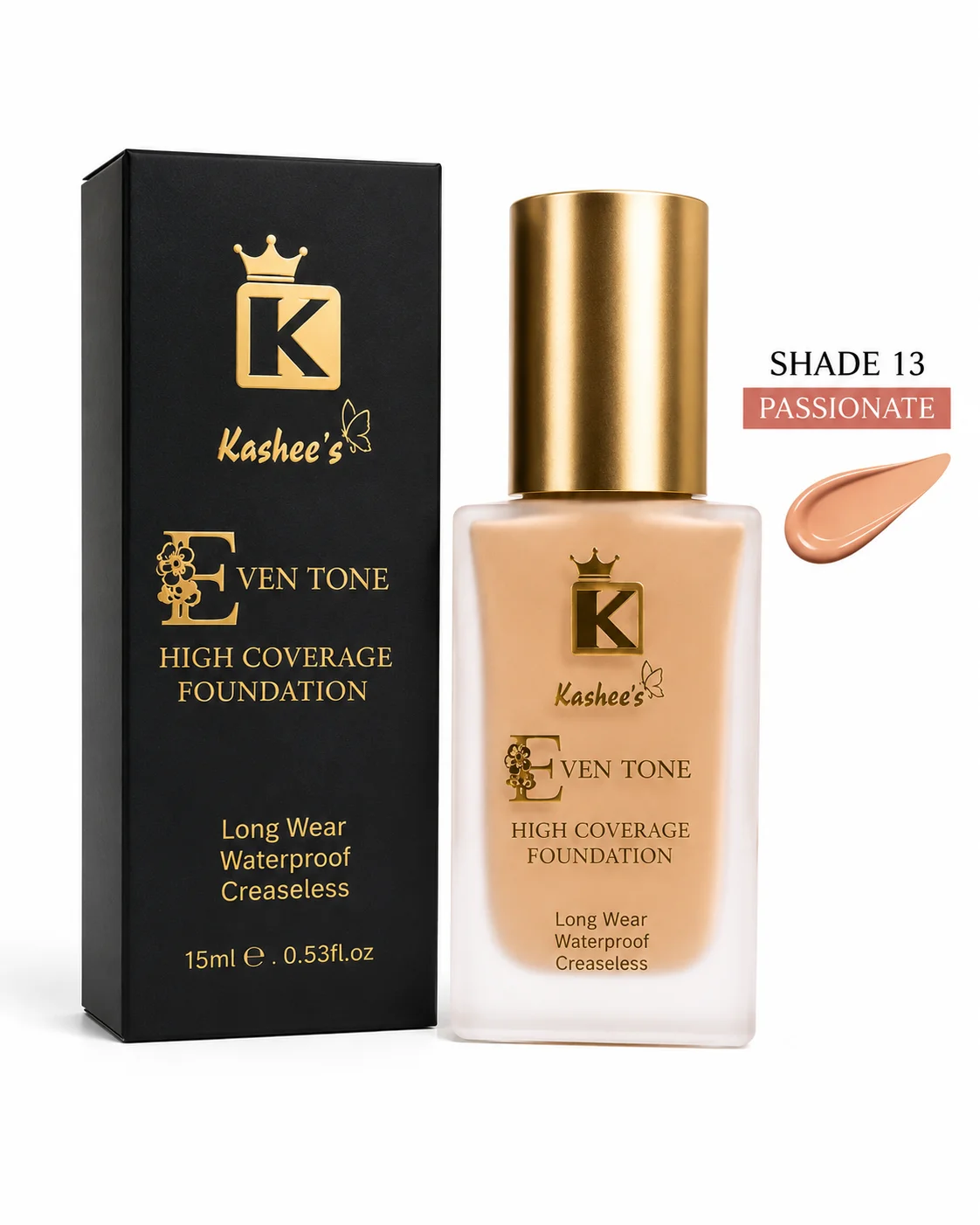 Kashee’s Even Tone High Coverage Foundation – Shade 13 Passionate – Waterproof & Long Wear – 15ml
