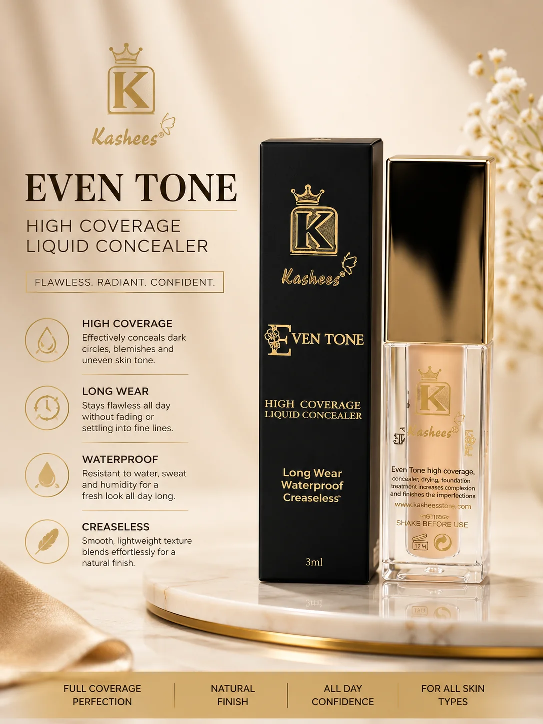 Kashees 05 classic ivory Even Tone High Coverage Liquid Concealer – Long Wear Waterproof Formula
